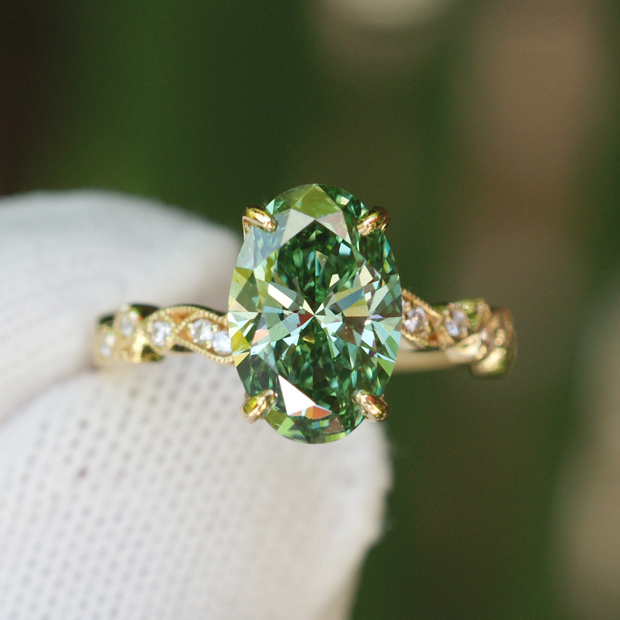 Oval diamond fancy vivid green engagement ring vintage vine band 3ct yellow gold the Elara