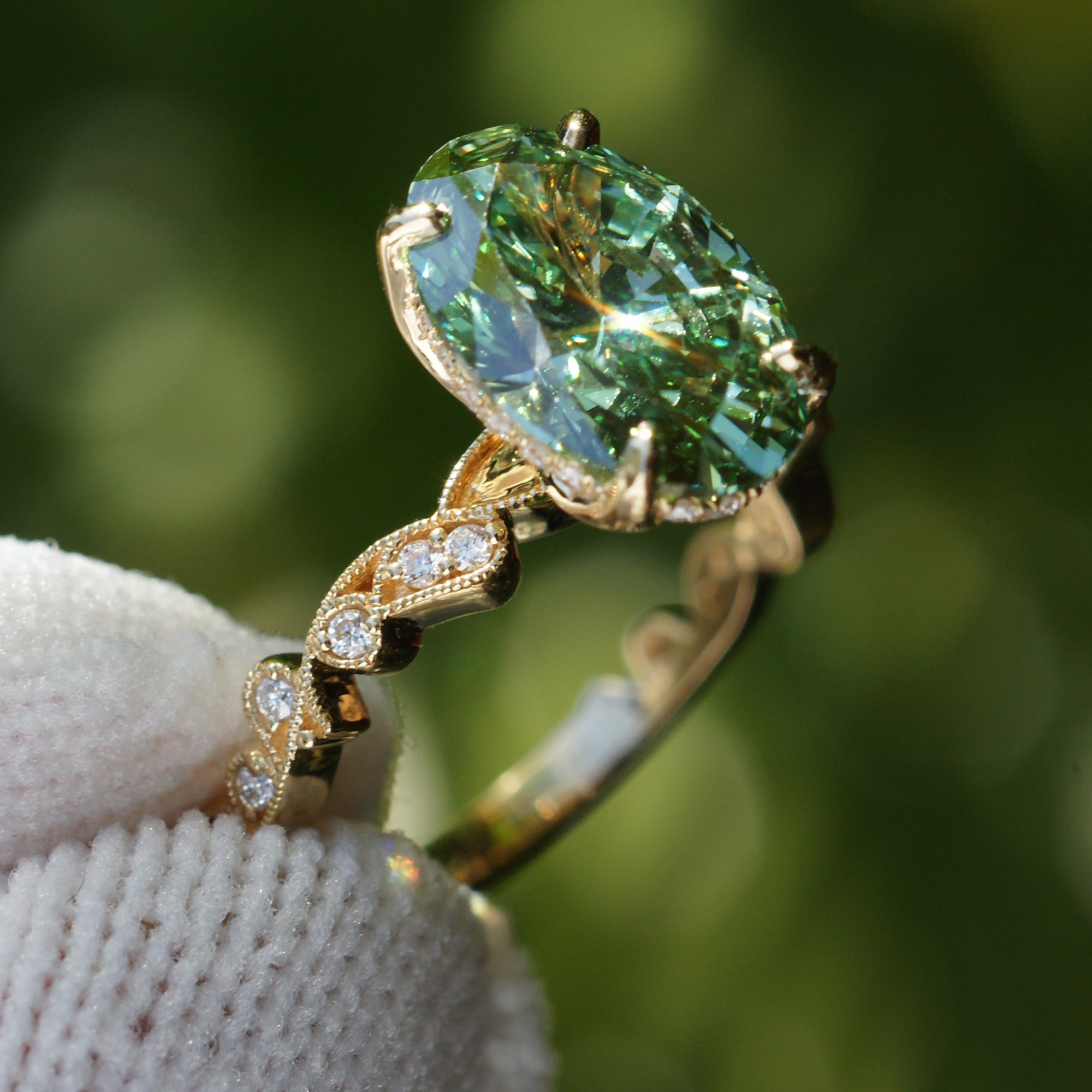 Oval diamond fancy vivid green engagement ring vintage vine band 3ct yellow gold the Elara