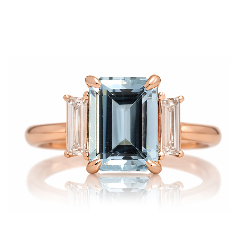 Emerald cut aquamarine ring with long baguette three stone solid comfort fit rounded band rose gold