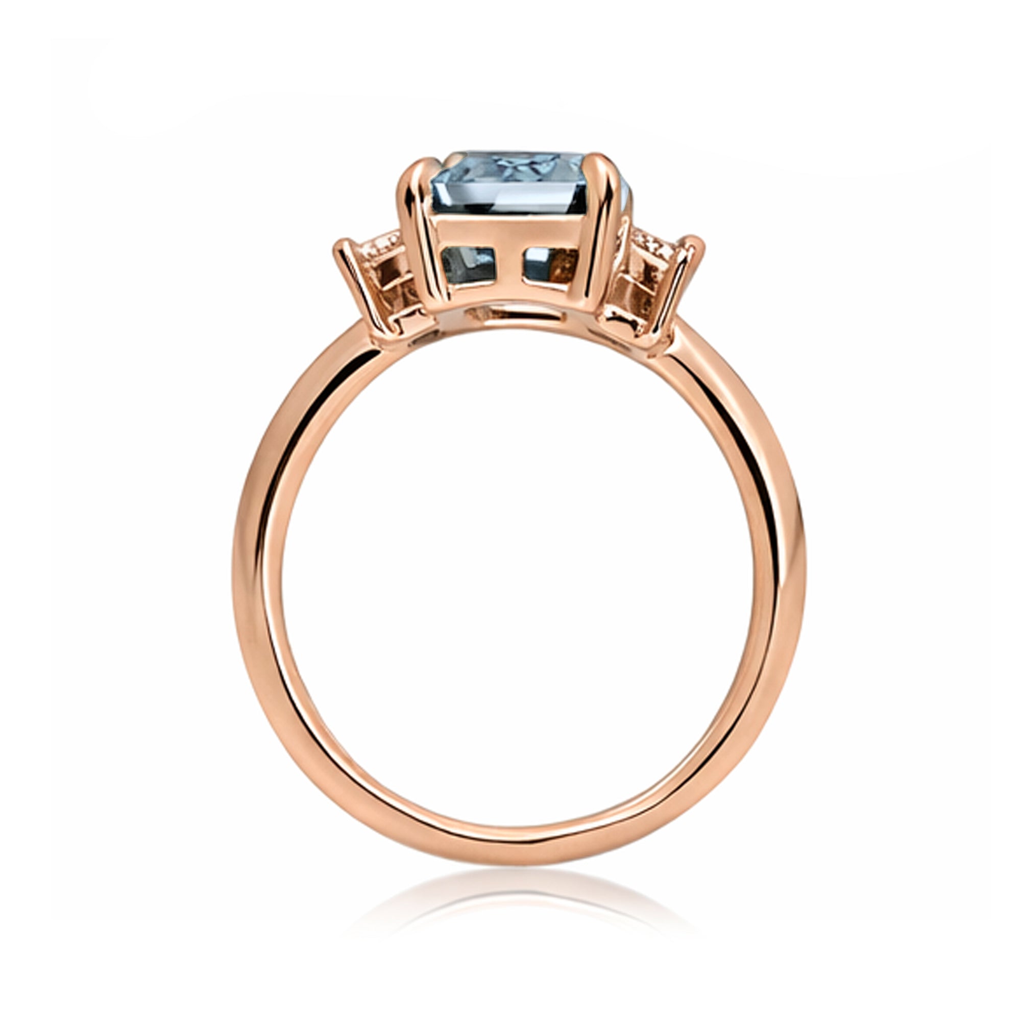 Emerald cut aquamarine ring with long baguette three stone solid comfort fit rounded band rose gold