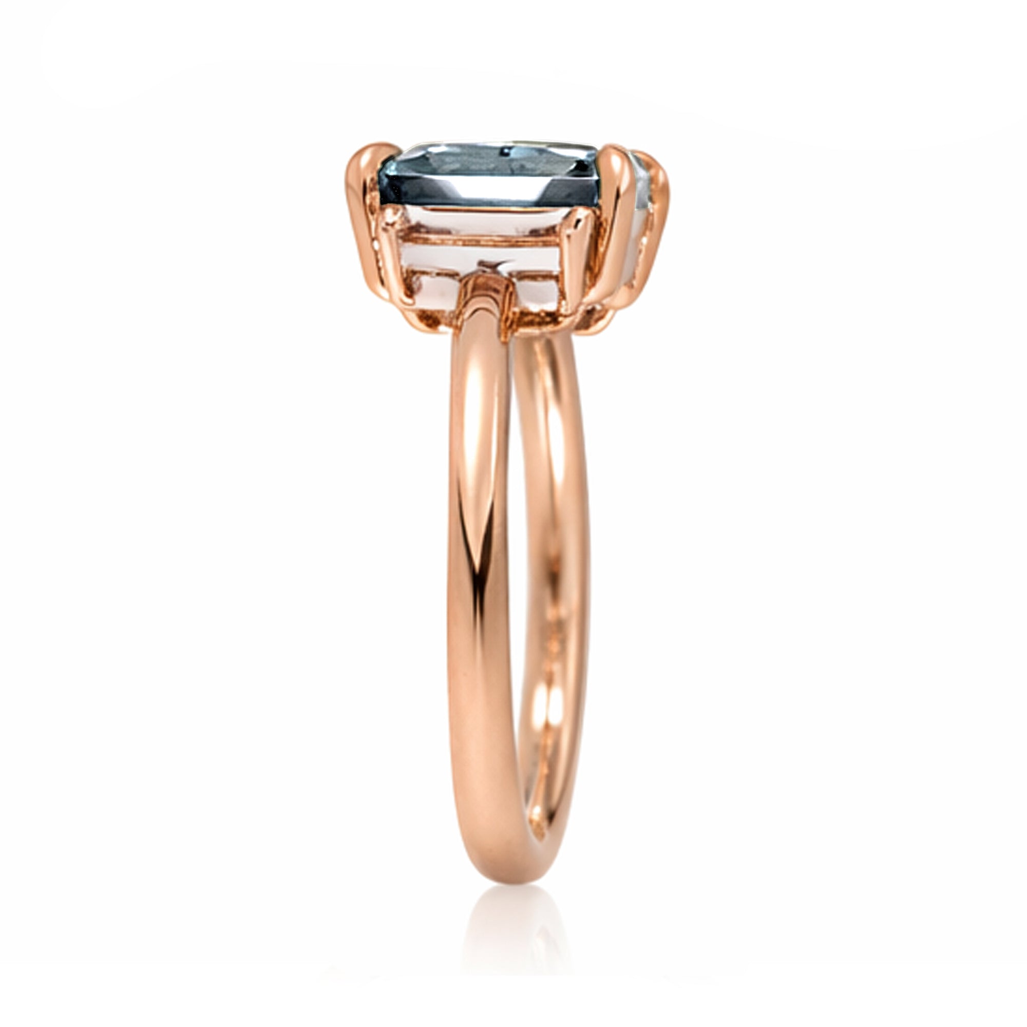 Emerald cut aquamarine ring with long baguette three stone solid comfort fit rounded band rose gold