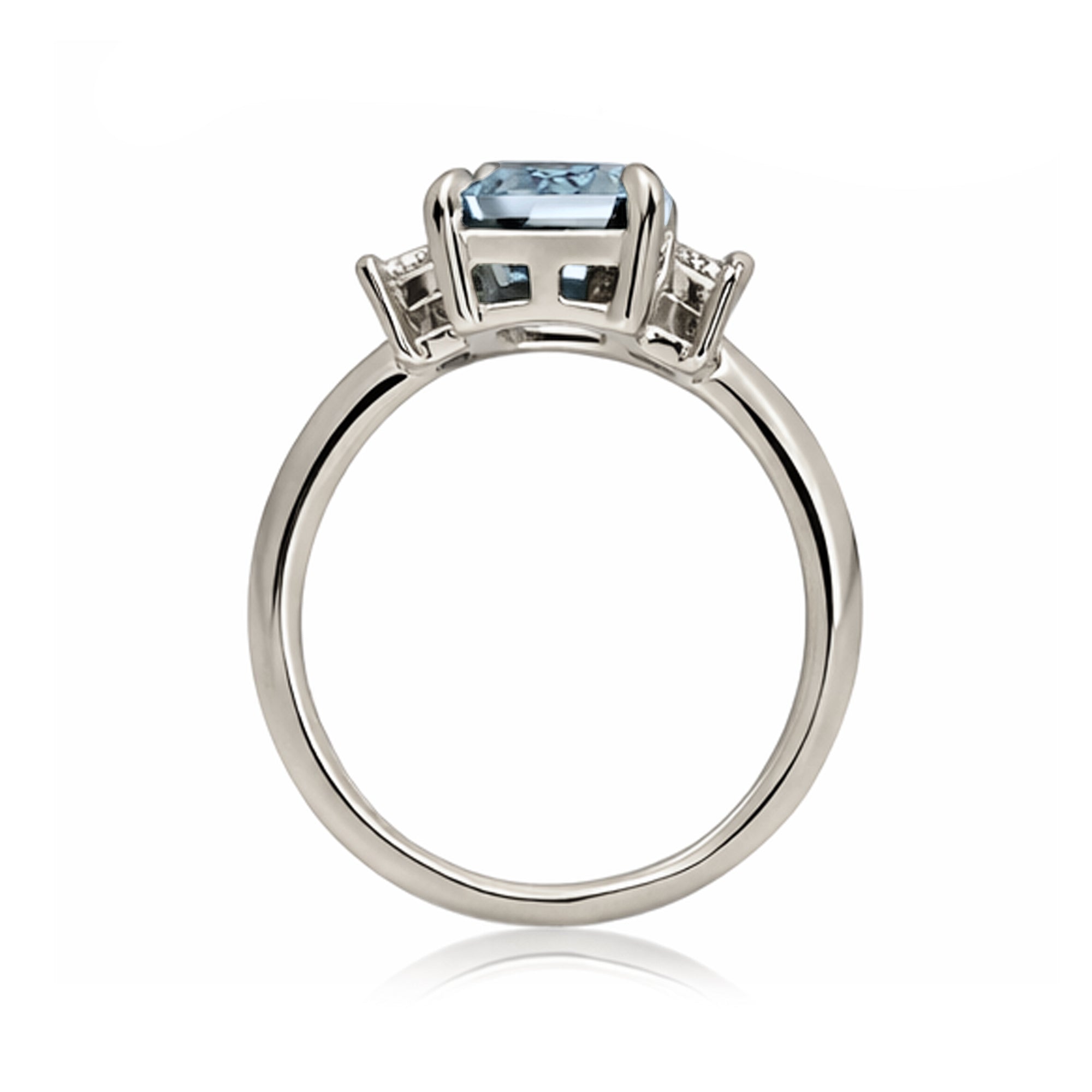 Emerald cut aquamarine ring with long baguette three stone solid comfort fit rounded band white gold