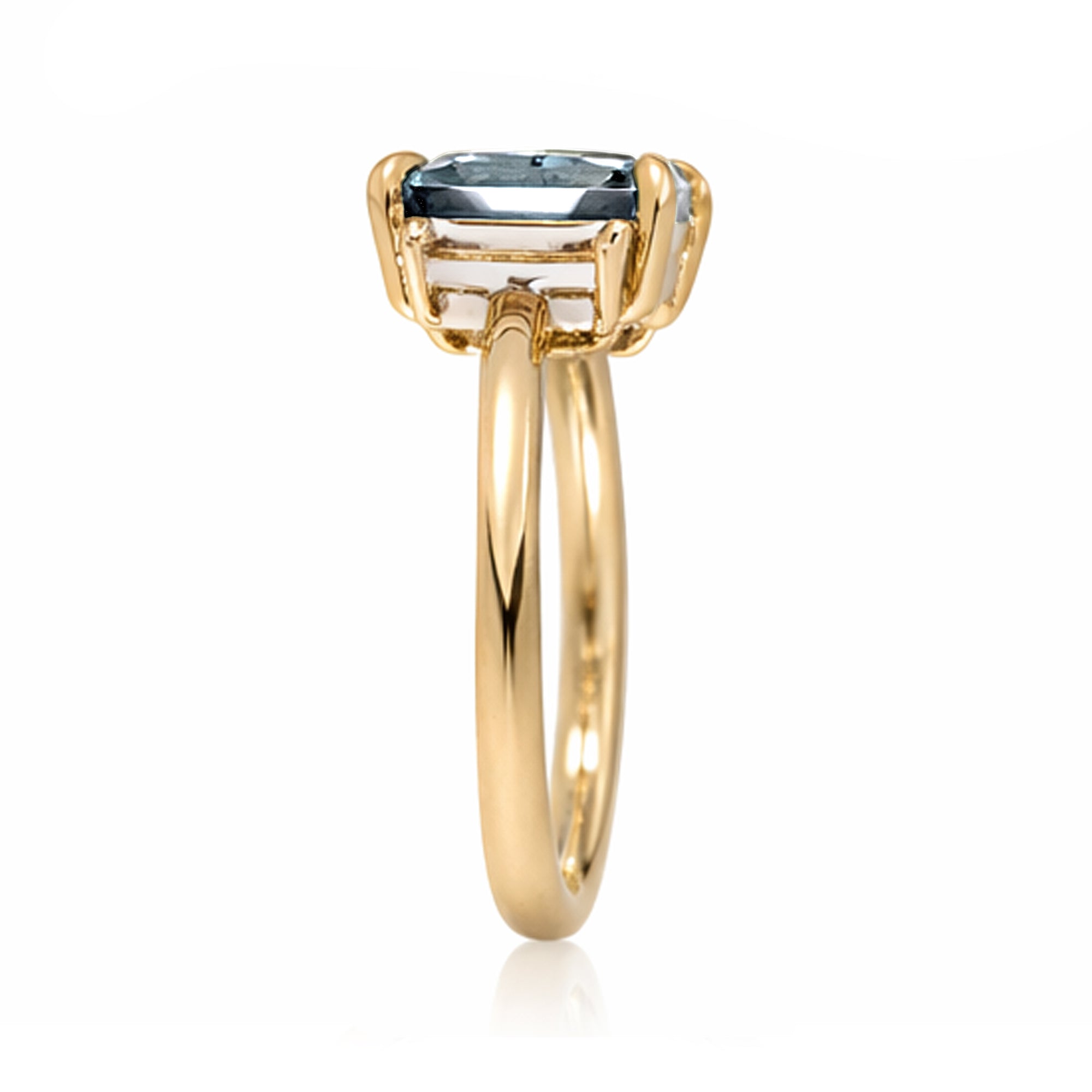Emerald cut aquamarine ring with long baguette three stone solid comfort fit rounded band yellow gold