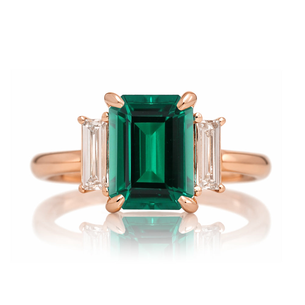 Emerald cut green emerald ring with long baguette three stone solid comfort fit rounded band rose gold