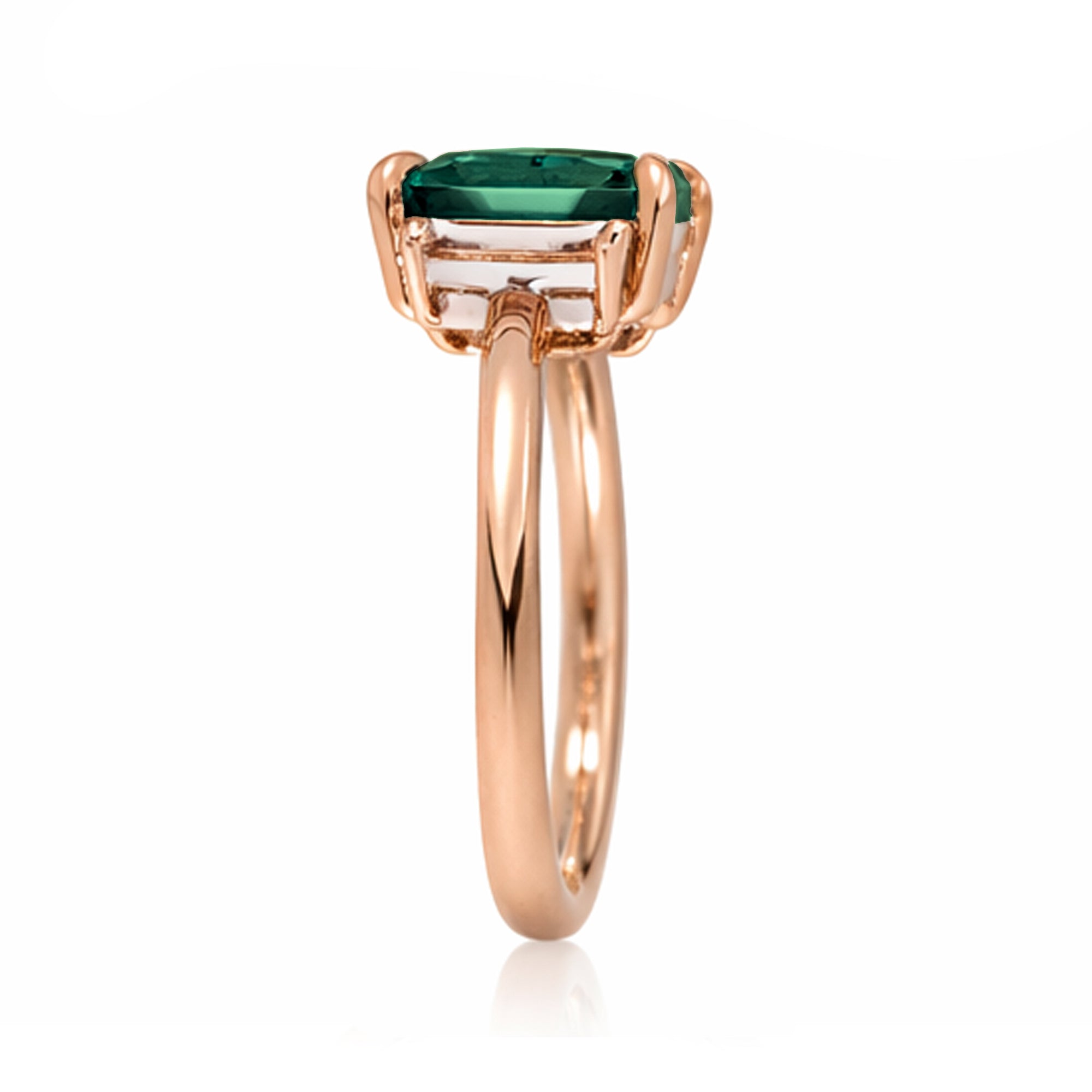 Emerald cut green emerald ring with long baguette three stone solid comfort fit rounded band rose gold