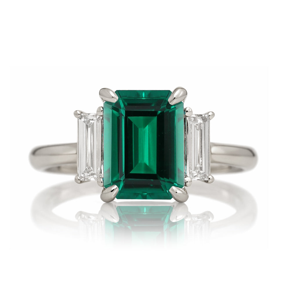 Emerald cut green emerald ring with long baguette three stone solid comfort fit rounded band white gold
