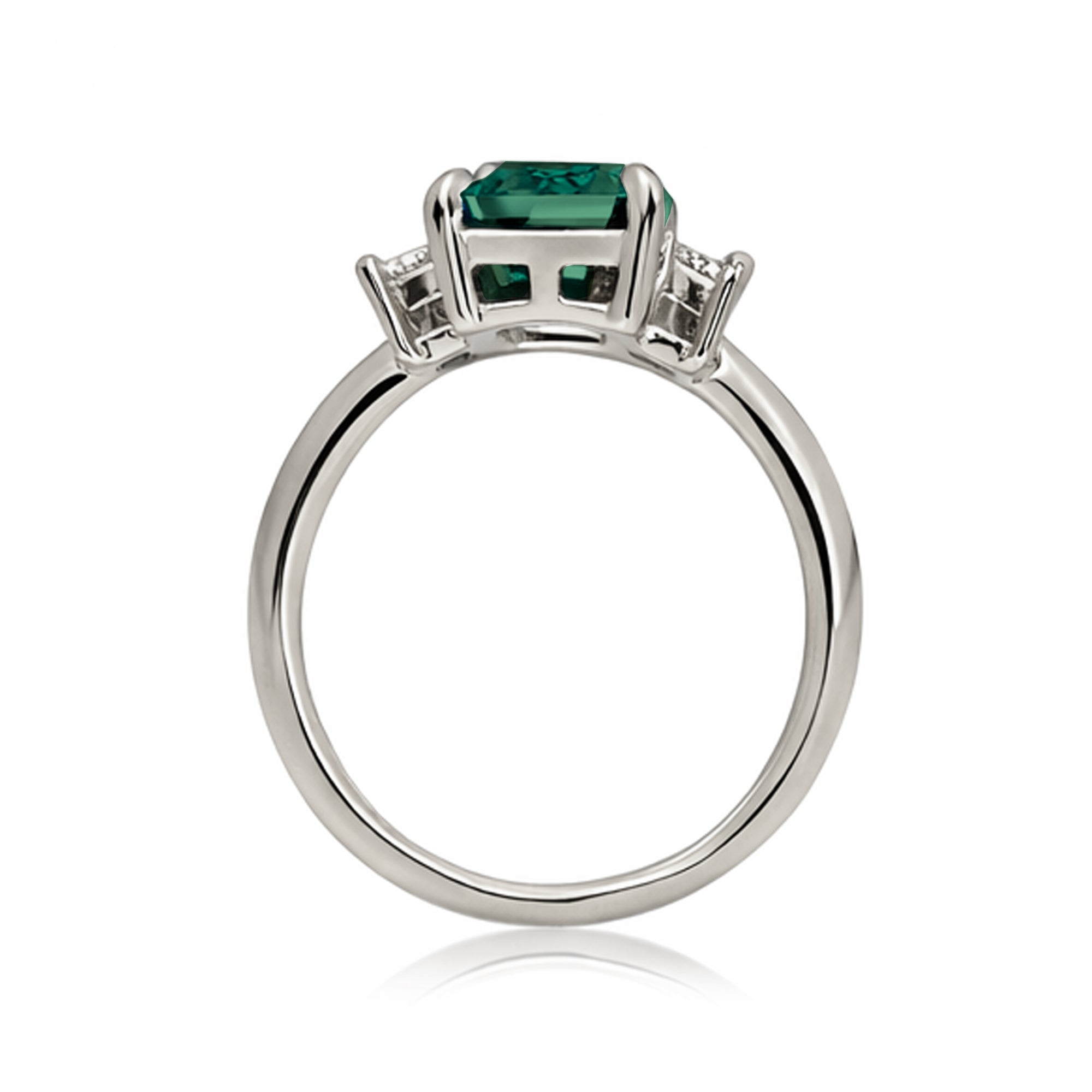 Emerald cut green emerald ring with long baguette three stone solid comfort fit rounded band white gold