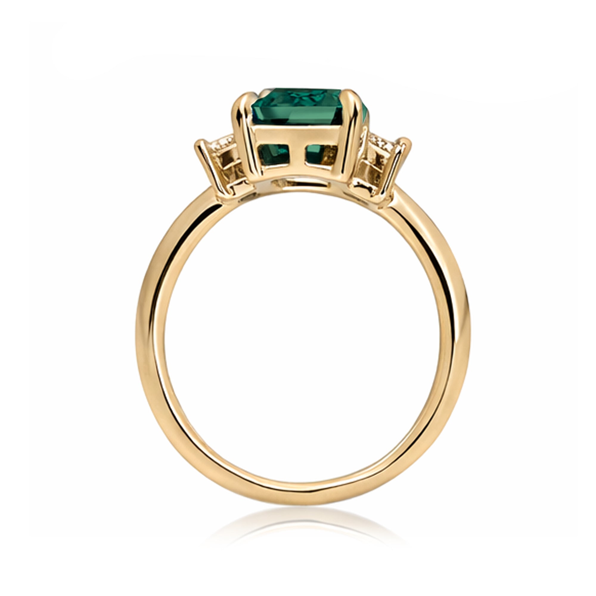 Emerald cut green emerald ring with long baguette three stone solid comfort fit rounded band yellow gold