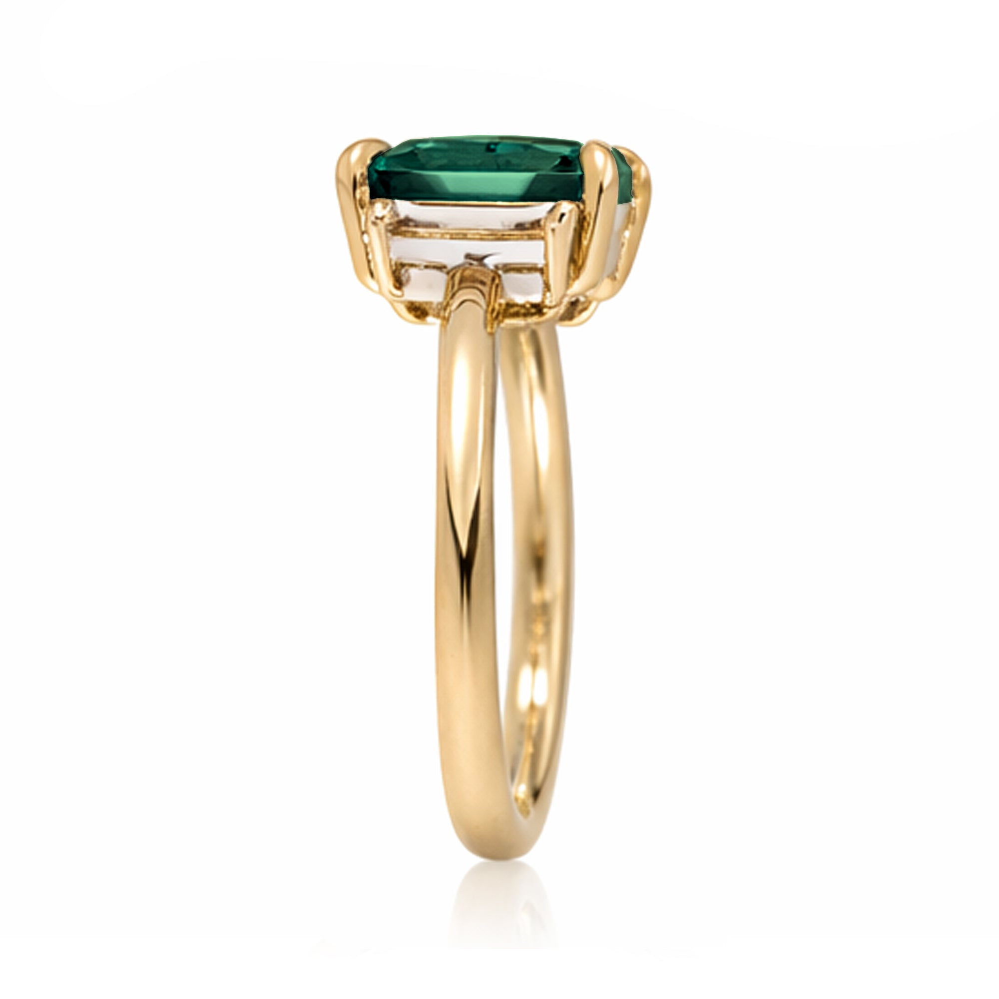 Emerald cut green emerald ring with long baguette three stone solid comfort fit rounded band yellow gold