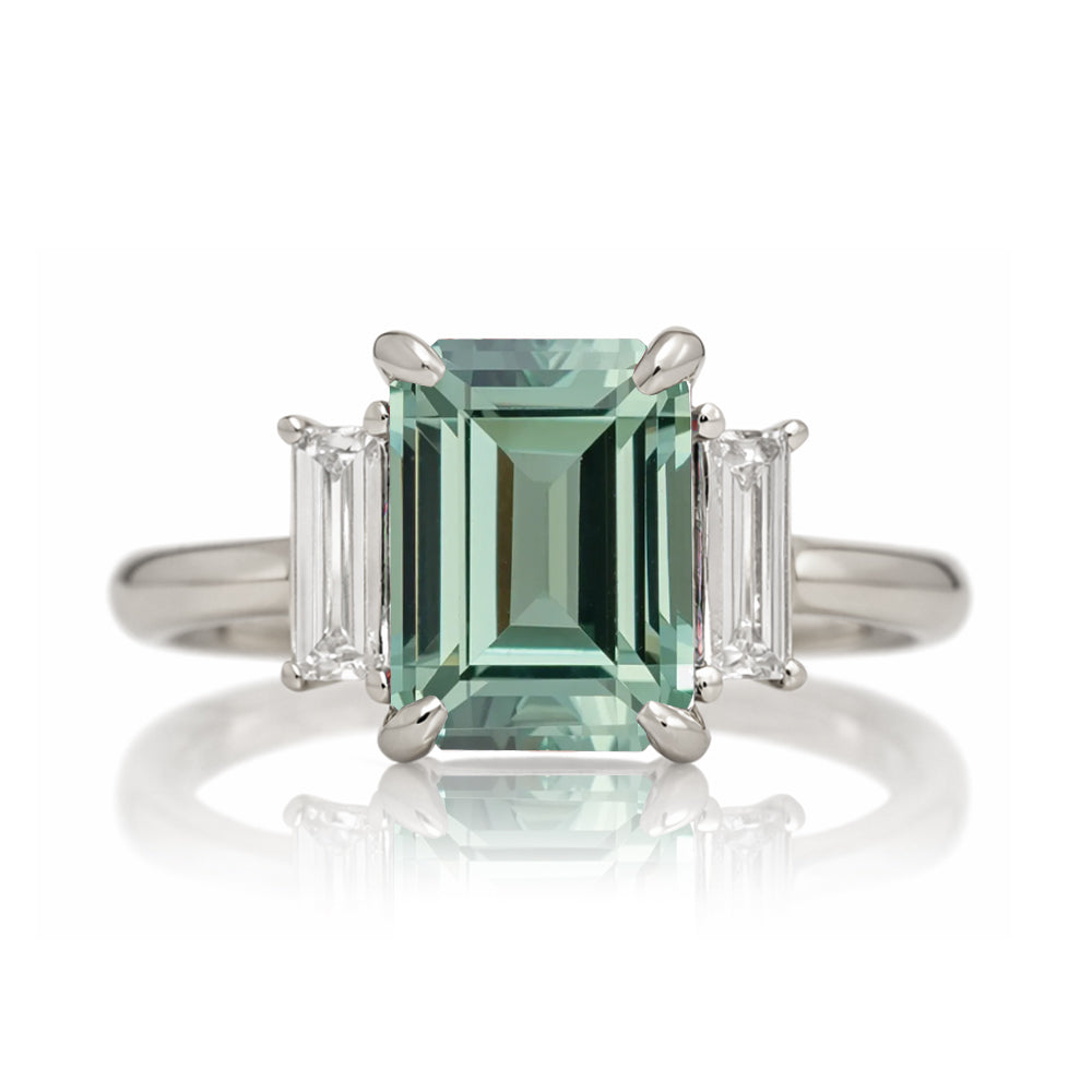 Emerald cut green sapphire ring with long baguette three stone solid comfort fit rounded band white gold