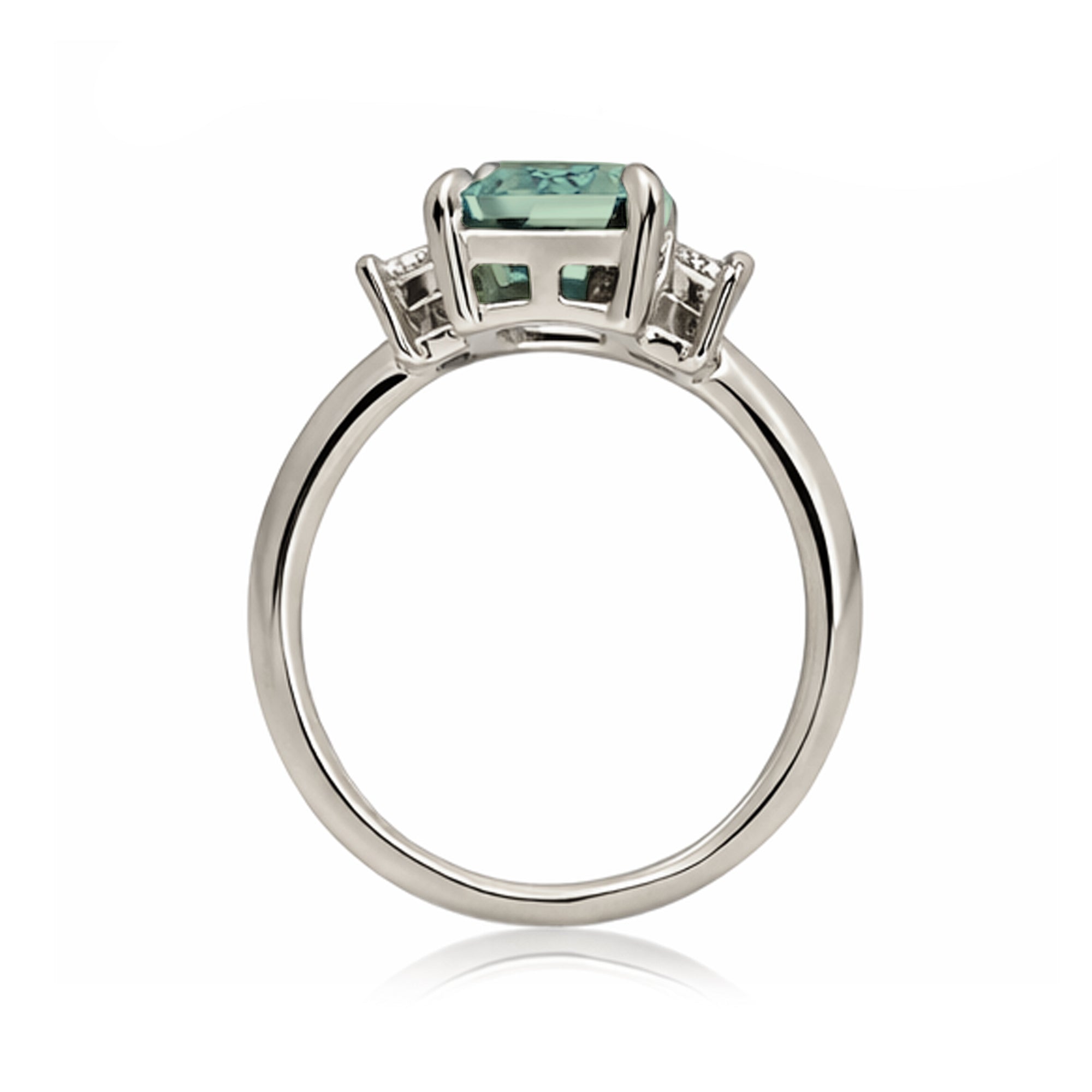 Emerald cut green sapphire ring with long baguette three stone solid comfort fit rounded band white gold