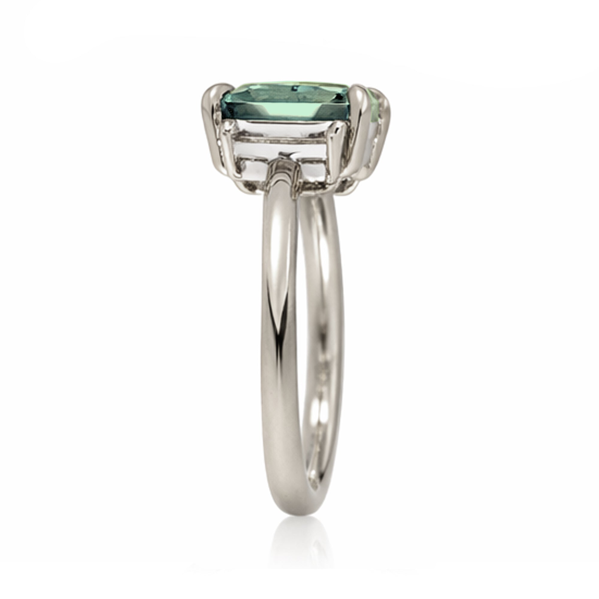 Emerald cut green sapphire ring with long baguette three stone solid comfort fit rounded band white gold