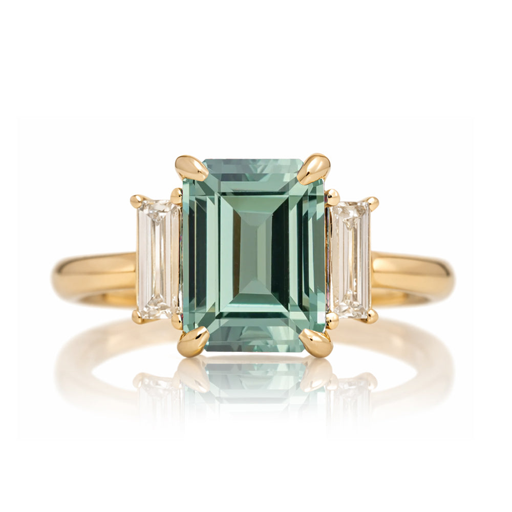 Emerald cut green sapphire ring with long baguette three stone solid comfort fit rounded band yellow gold