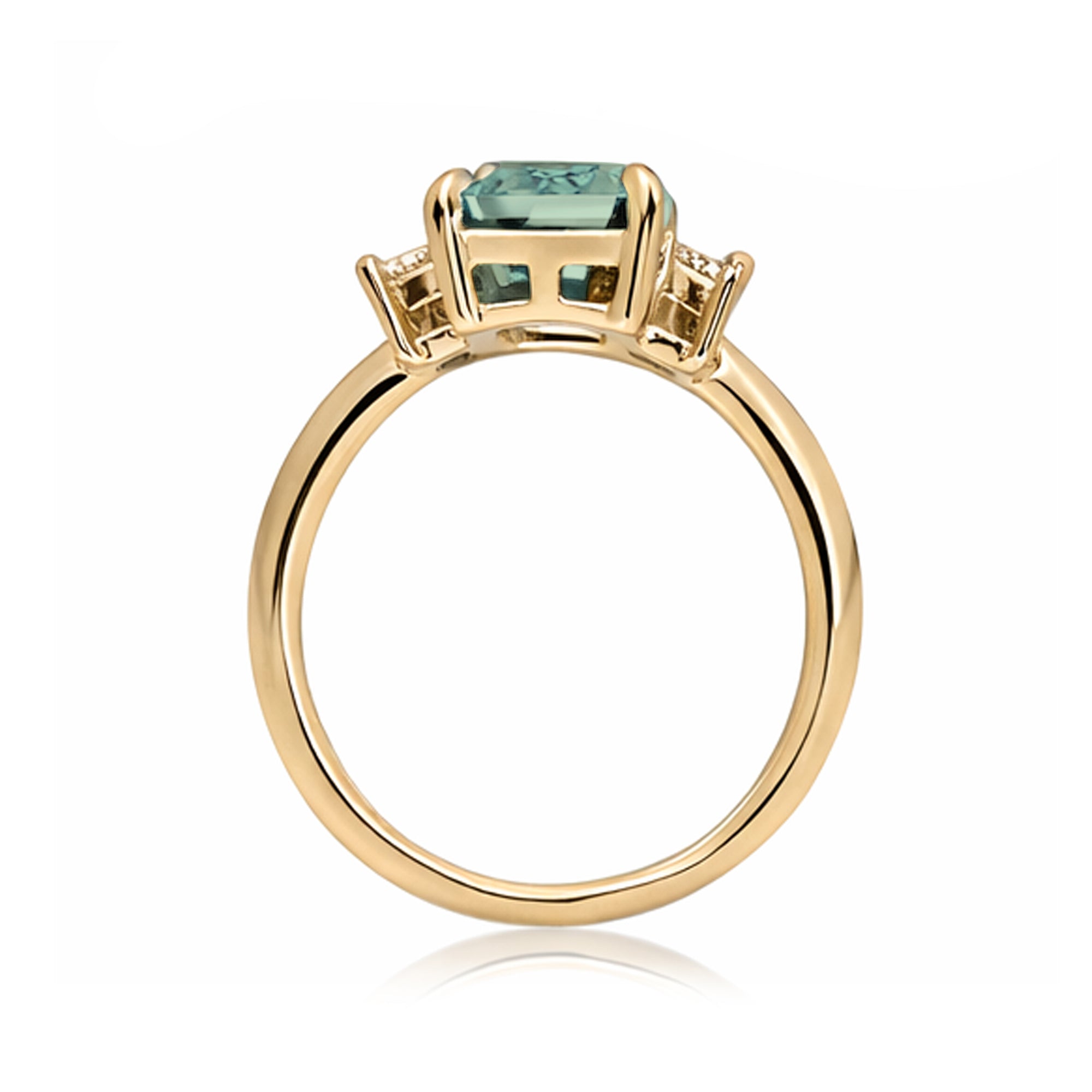 Emerald cut green sapphire ring with long baguette three stone solid comfort fit rounded band yellow gold