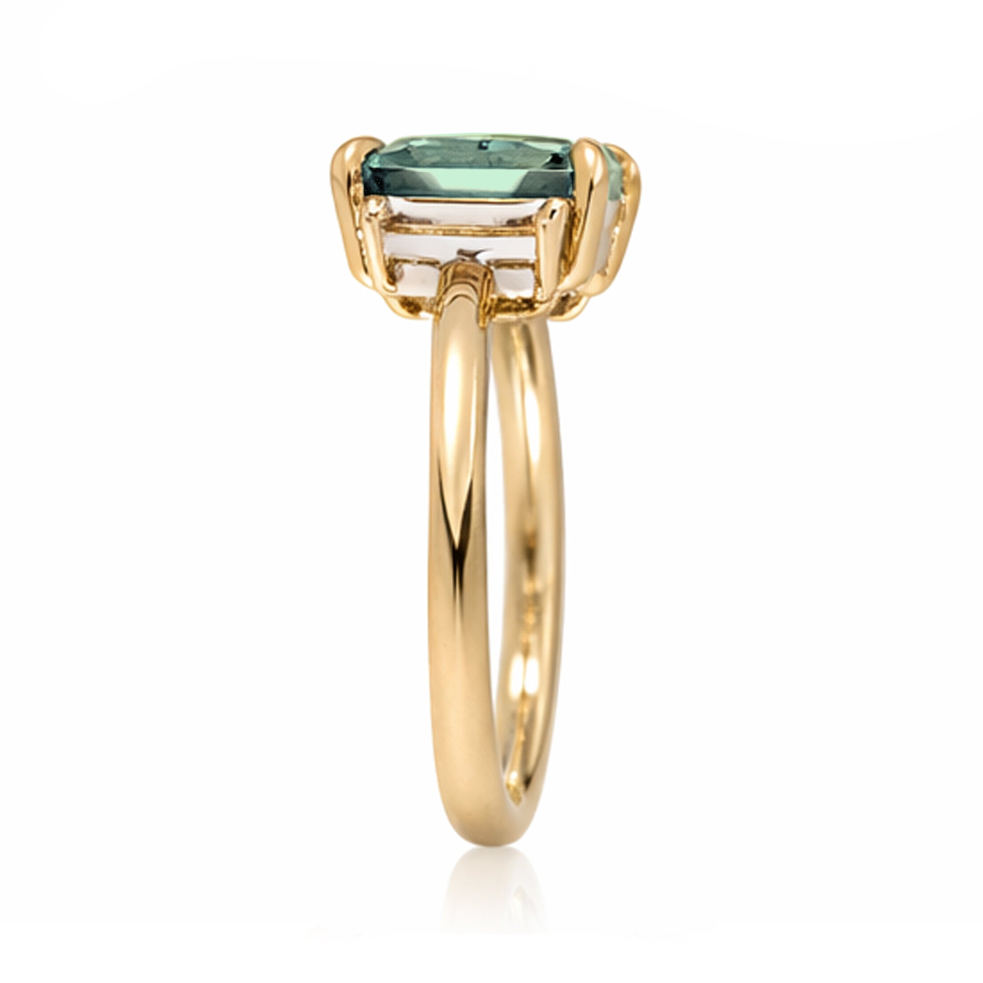 Emerald cut green sapphire ring with long baguette three stone solid comfort fit rounded band yellow gold