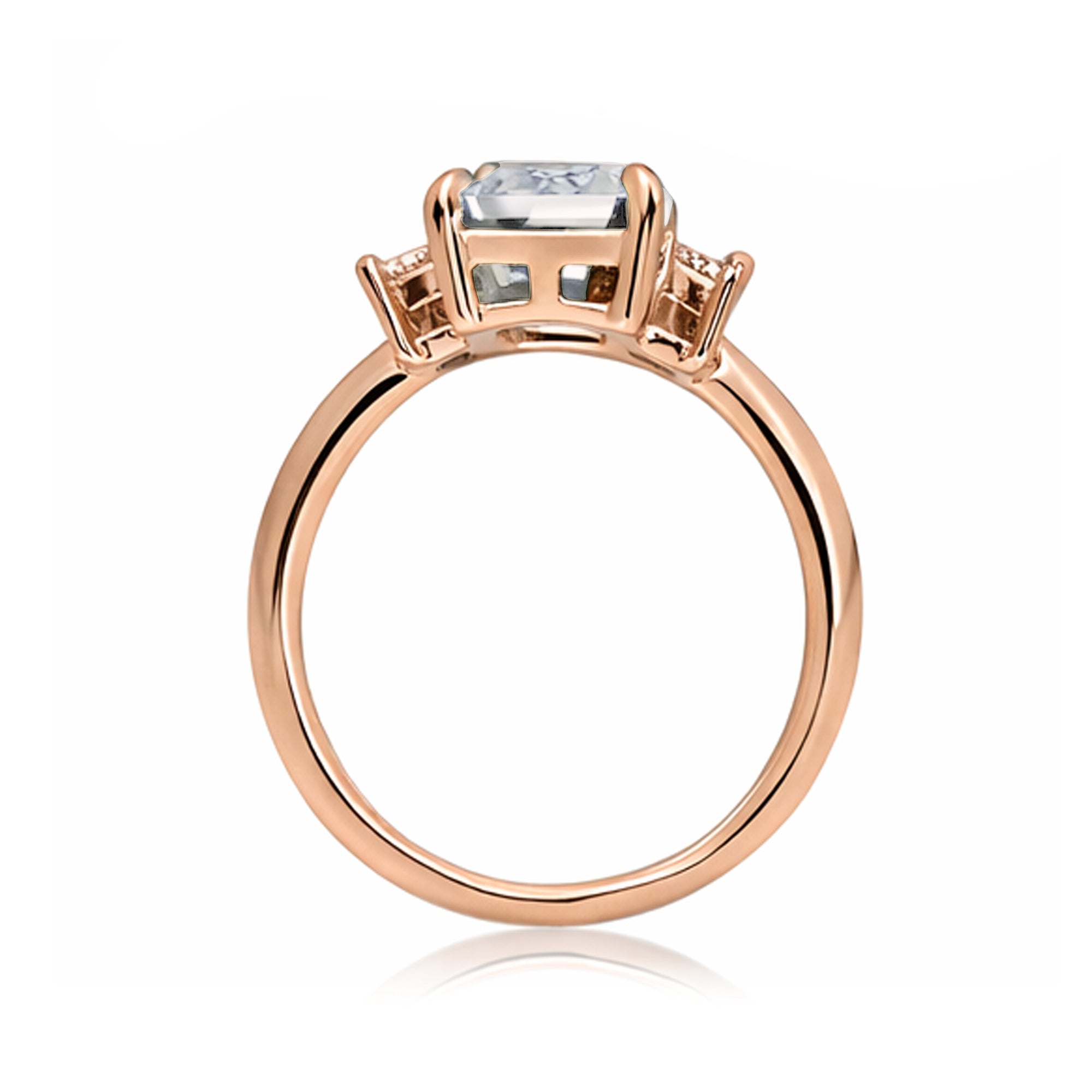 Emerald cut moissanite ring with long baguette three stone solid comfort fit rounded band rose gold