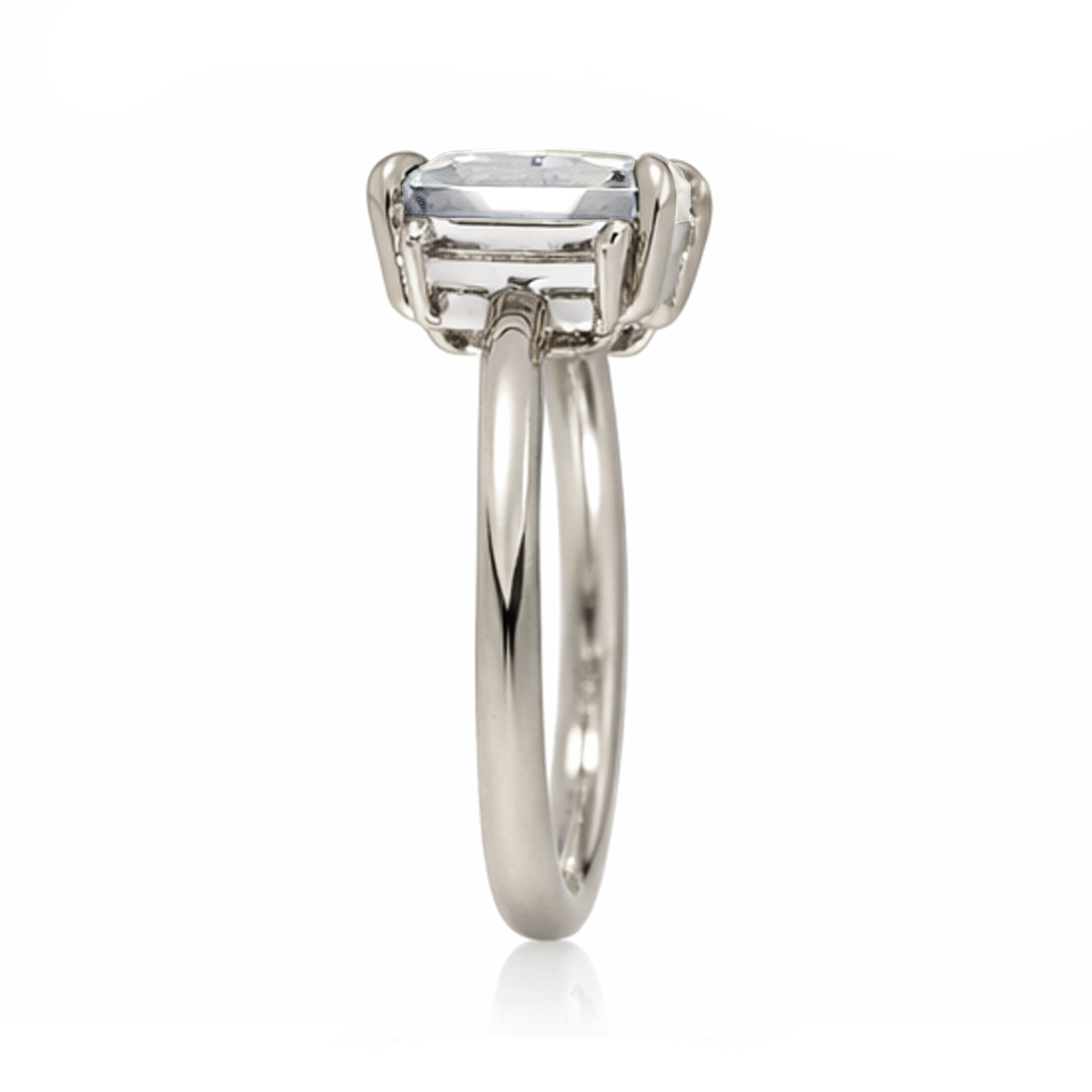 Emerald cut moissanite ring with long baguette three stone solid comfort fit rounded band white gold
