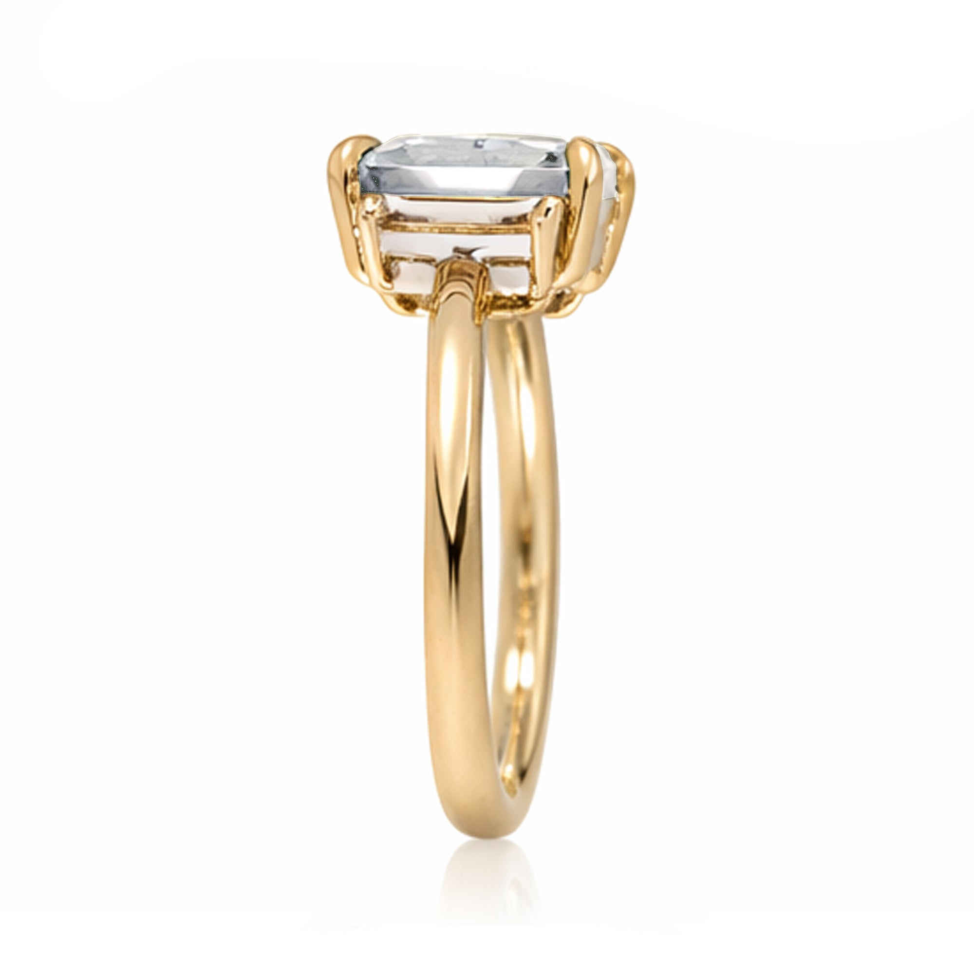 Emerald cut moissanite ring with long baguette three stone solid comfort fit rounded band yellow gold