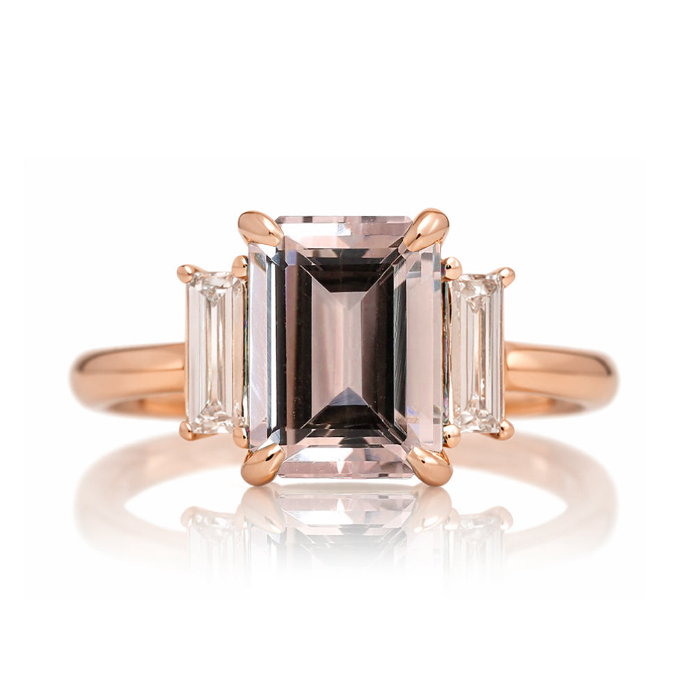 Emerald cut morganite ring with long baguette three stone solid comfort fit rounded band rose gold