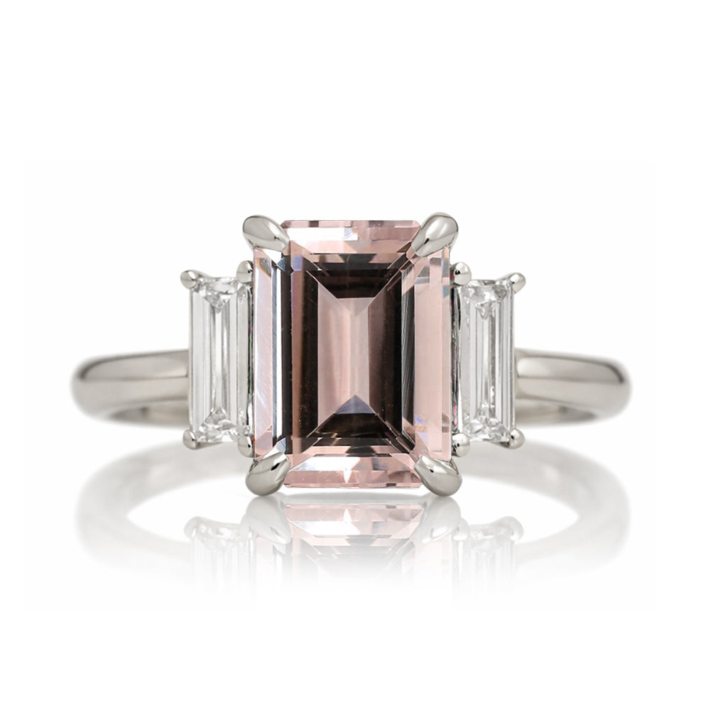 Emerald cut morganite ring with long baguette three stone solid comfort fit rounded band white gold