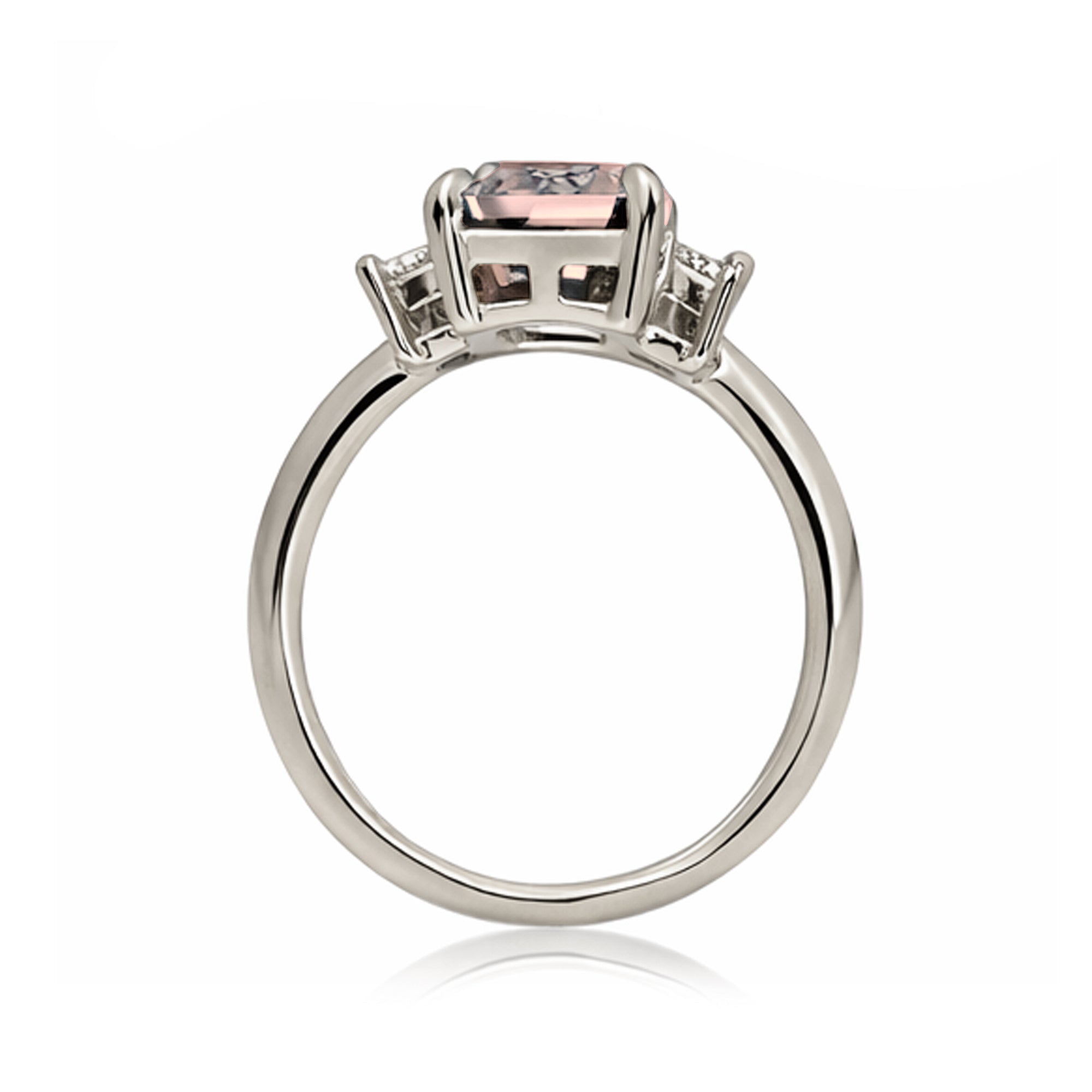 Emerald cut morganite ring with long baguette three stone solid comfort fit rounded band white gold