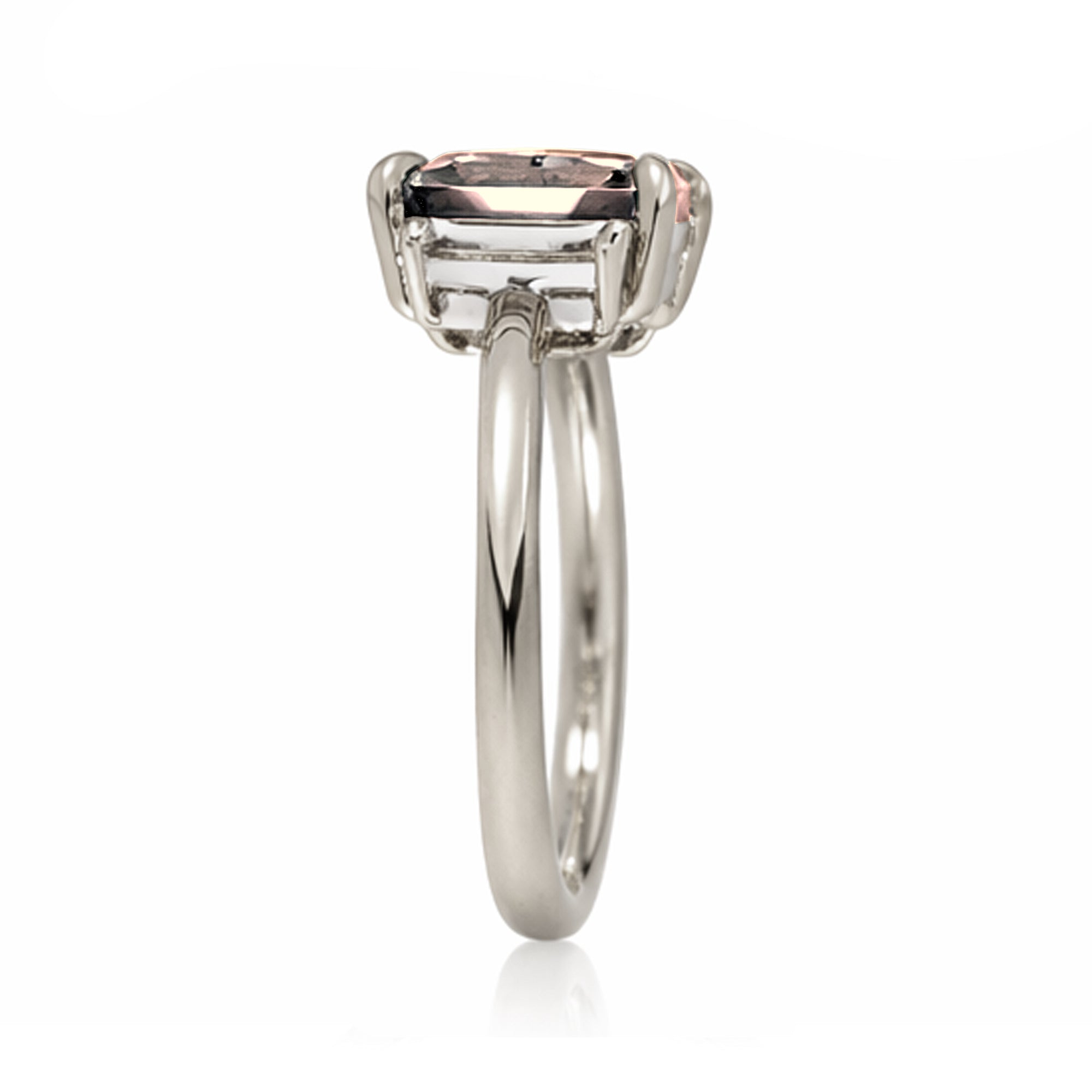 Emerald cut morganite ring with long baguette three stone solid comfort fit rounded band white gold
