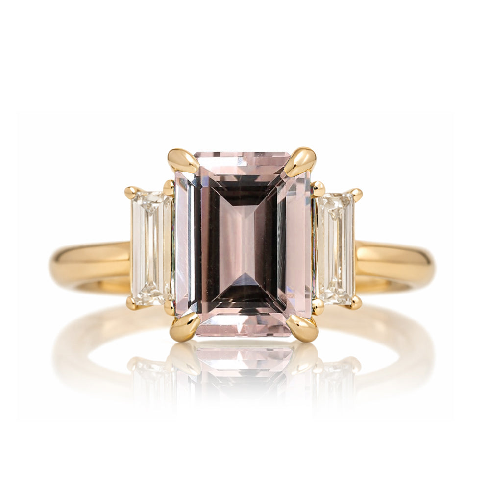 Emerald cut morganite ring with long baguette three stone solid comfort fit rounded band yellow gold