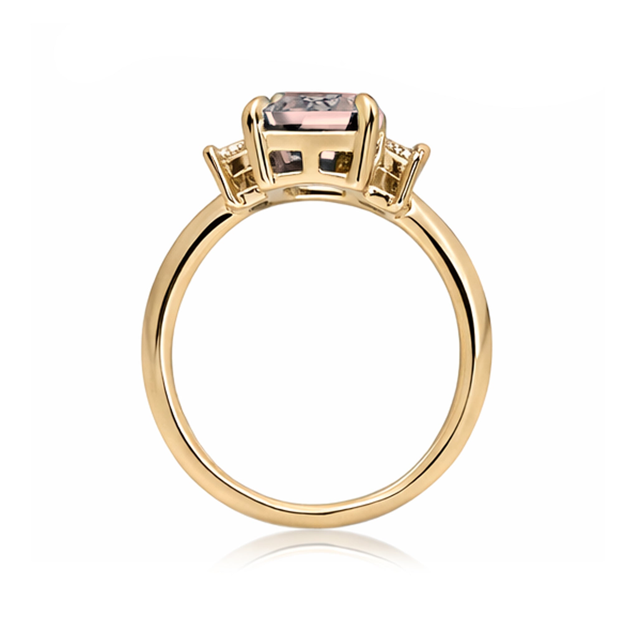 Emerald cut morganite ring with long baguette three stone solid comfort fit rounded band yellow gold