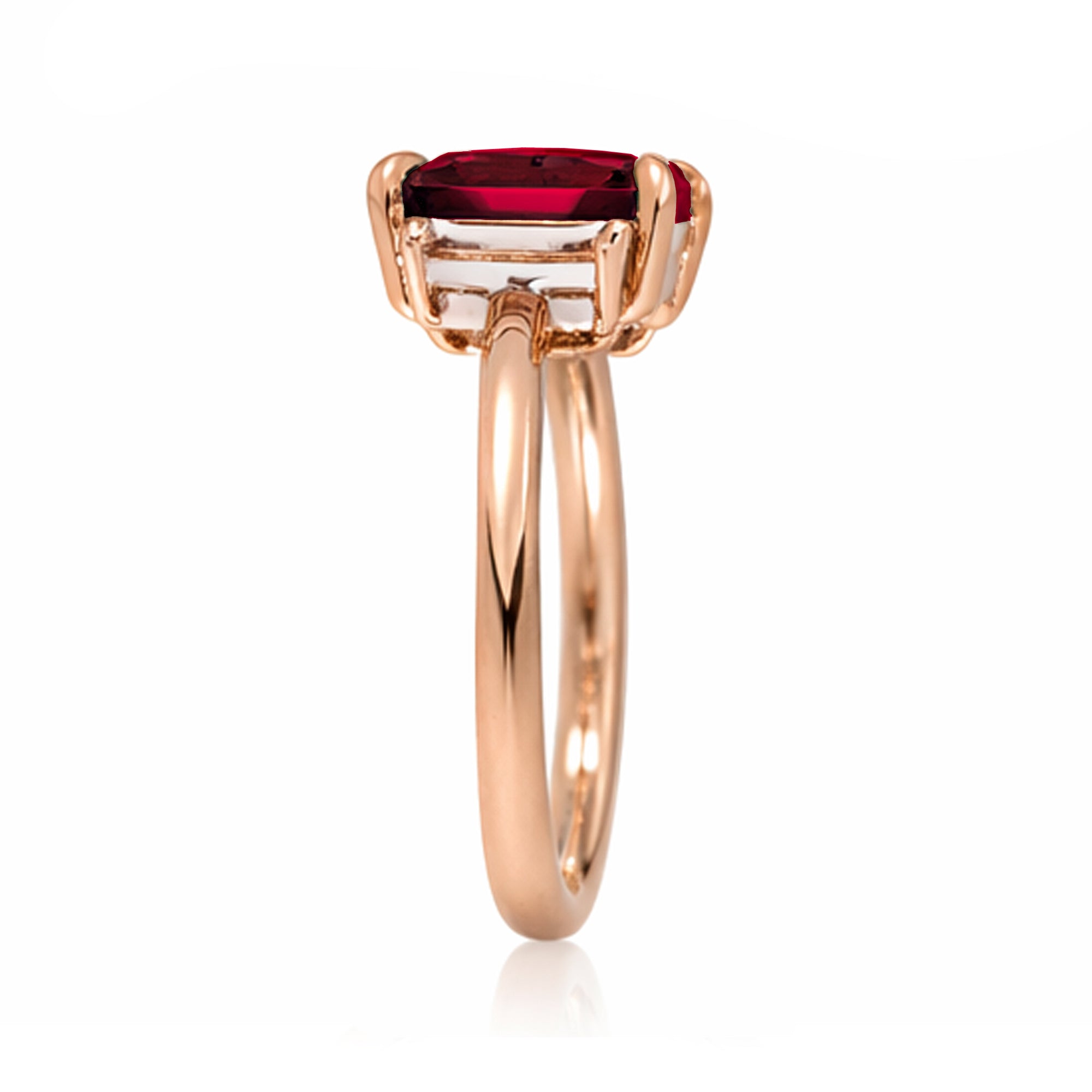 Emerald cut ruby ring with long baguette three stone solid comfort fit rounded band rose gold