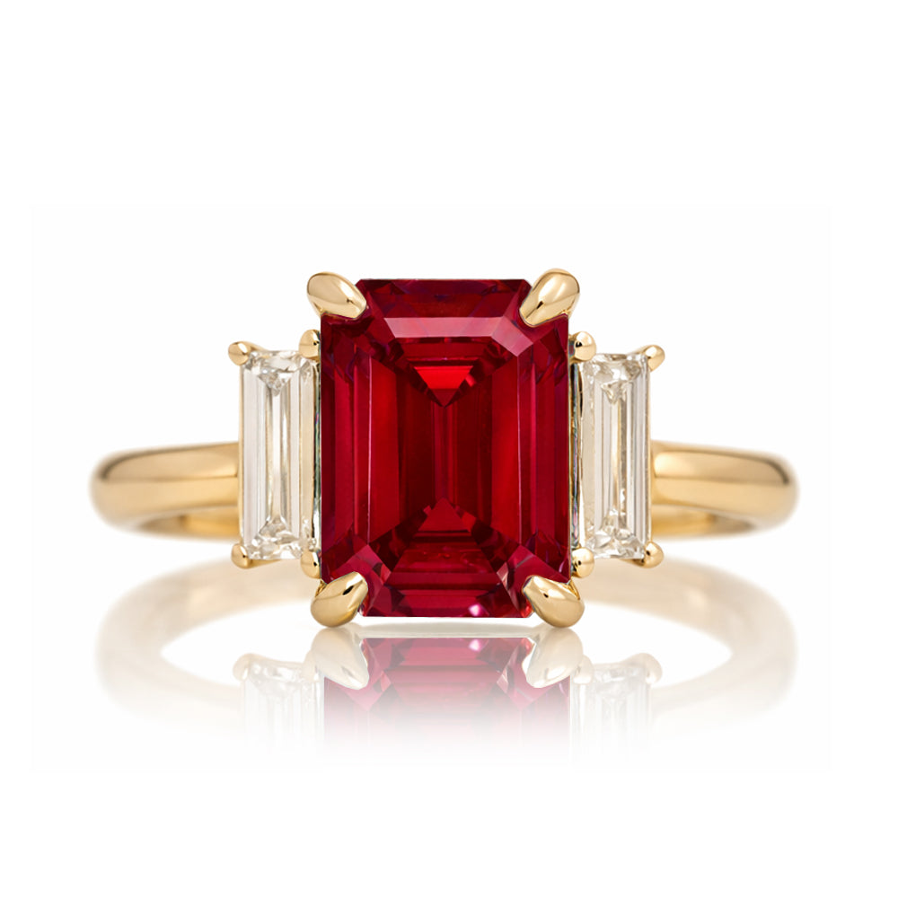 Emerald cut ruby ring with long baguette three stone solid comfort fit rounded band yellow gold