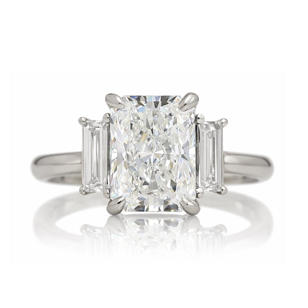 Radiant cut diamond ring with long baguette three stone solid comfort fit rounded band white gold