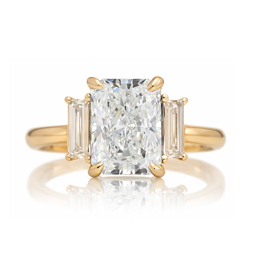 Radiant cut diamond ring with long baguette three stone solid comfort fit rounded band yellow gold