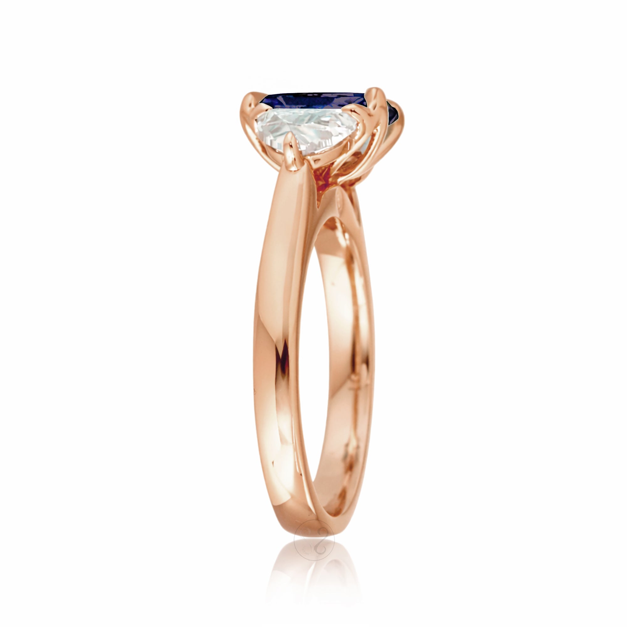 Past present future diamond half moon step cut blue sapphire engagement ring rose gold