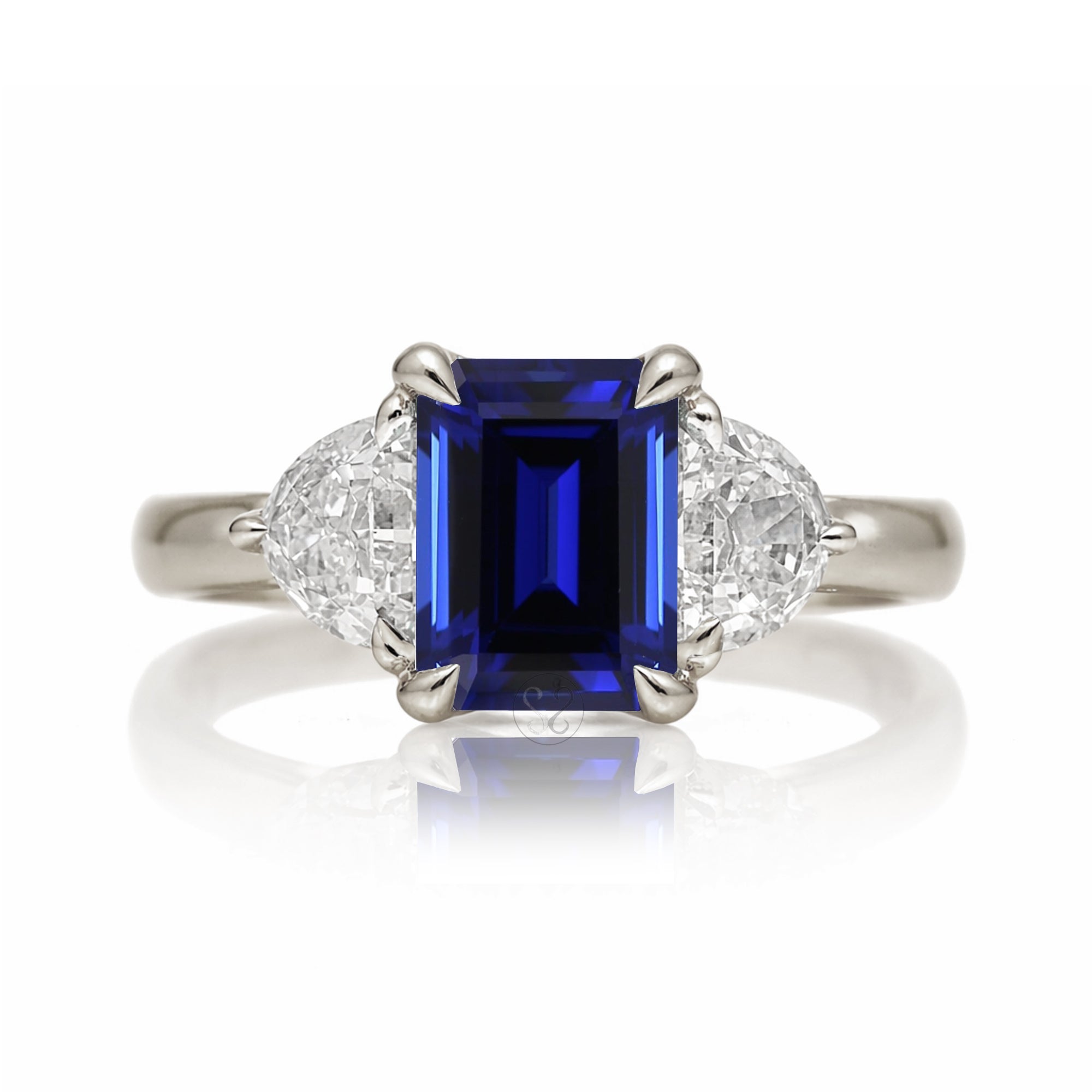 Past present future diamond half moon step cut blue sapphire engagement ring white gold