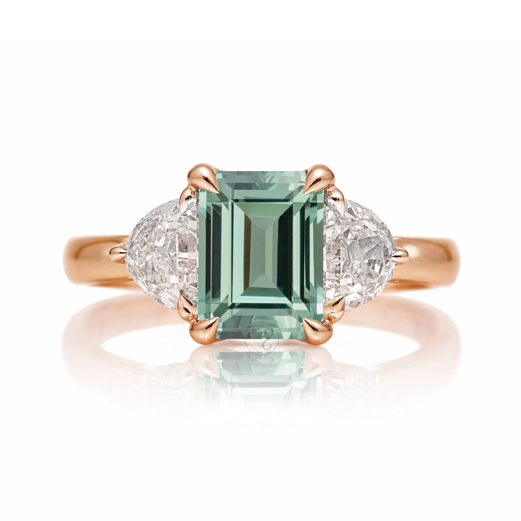 Past present future green sapphire half moon diamond engagement ring rose gold