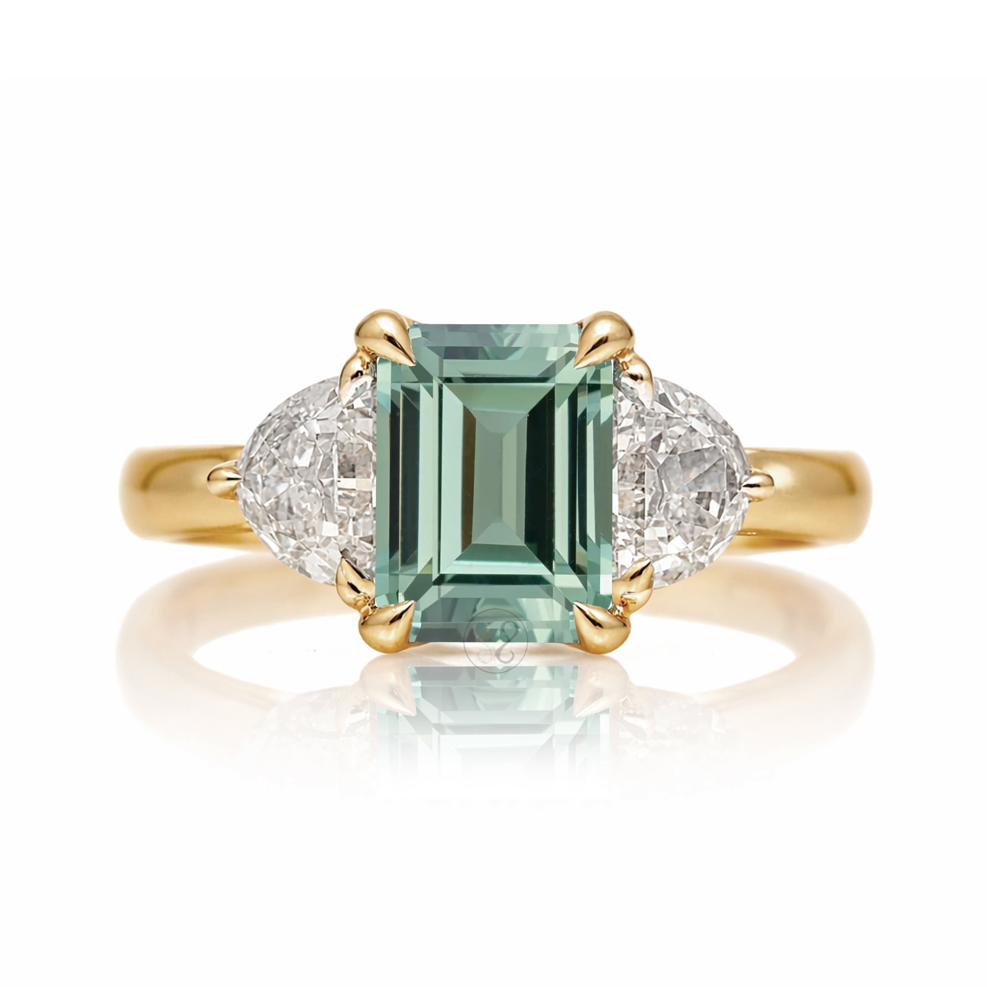 Past present future green sapphire half moon diamond engagement ring yellow gold