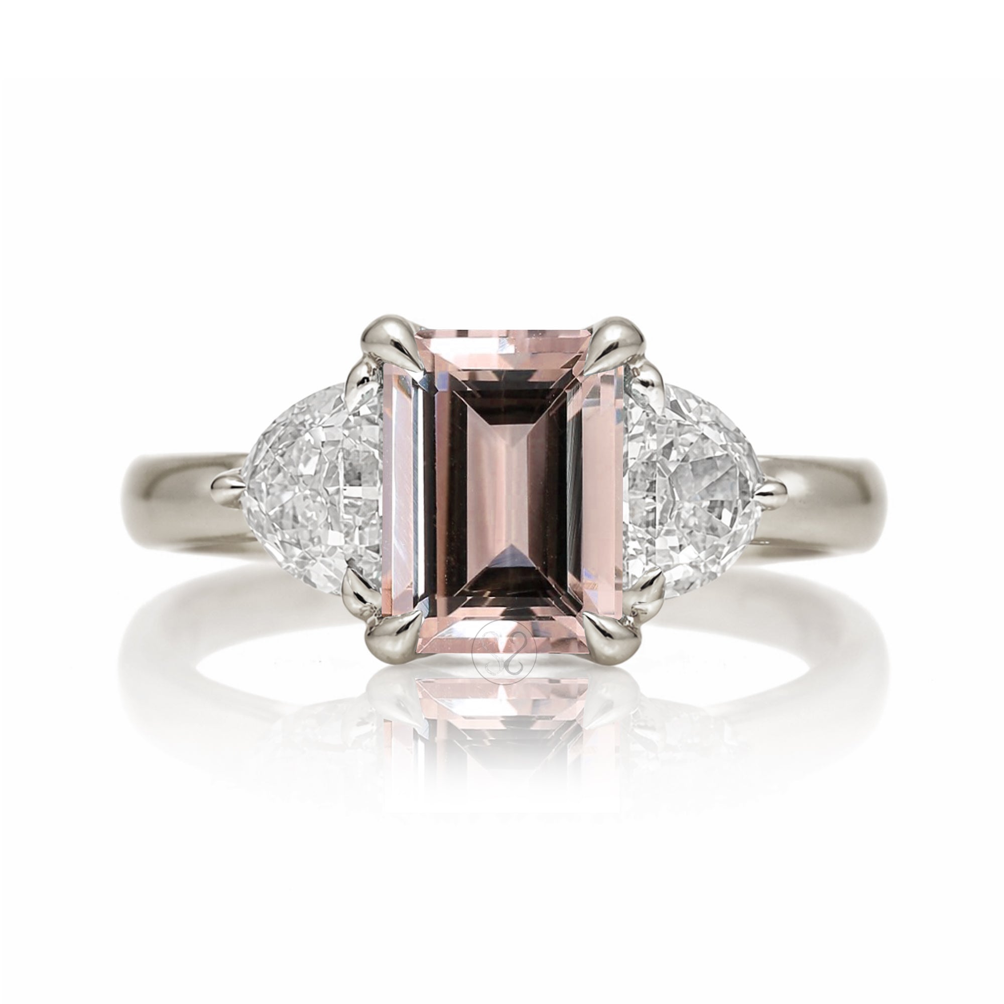 Past present future morganite half moon diamond engagement ring white gold