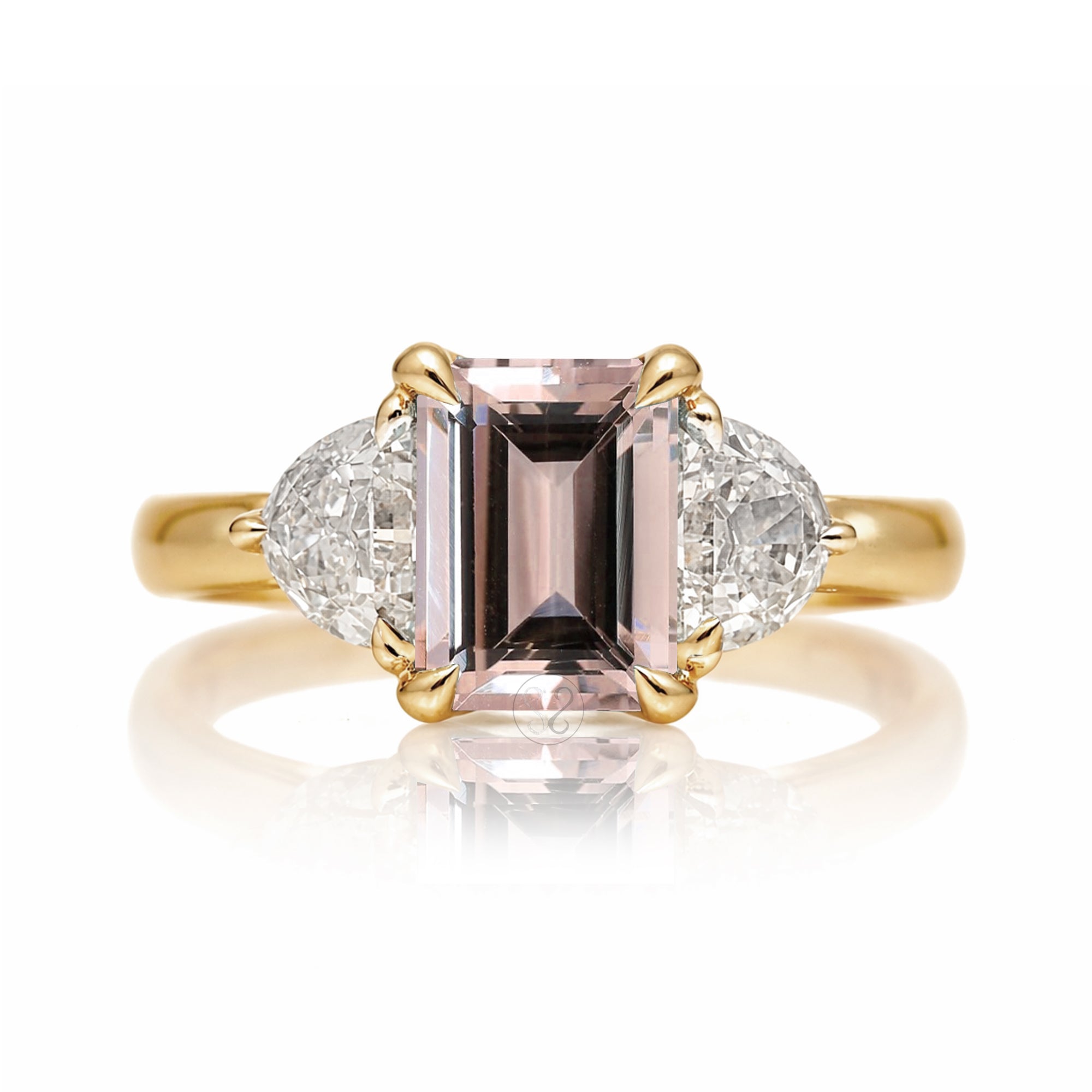 Past present future morganite half moon diamond engagement ring yellow gold