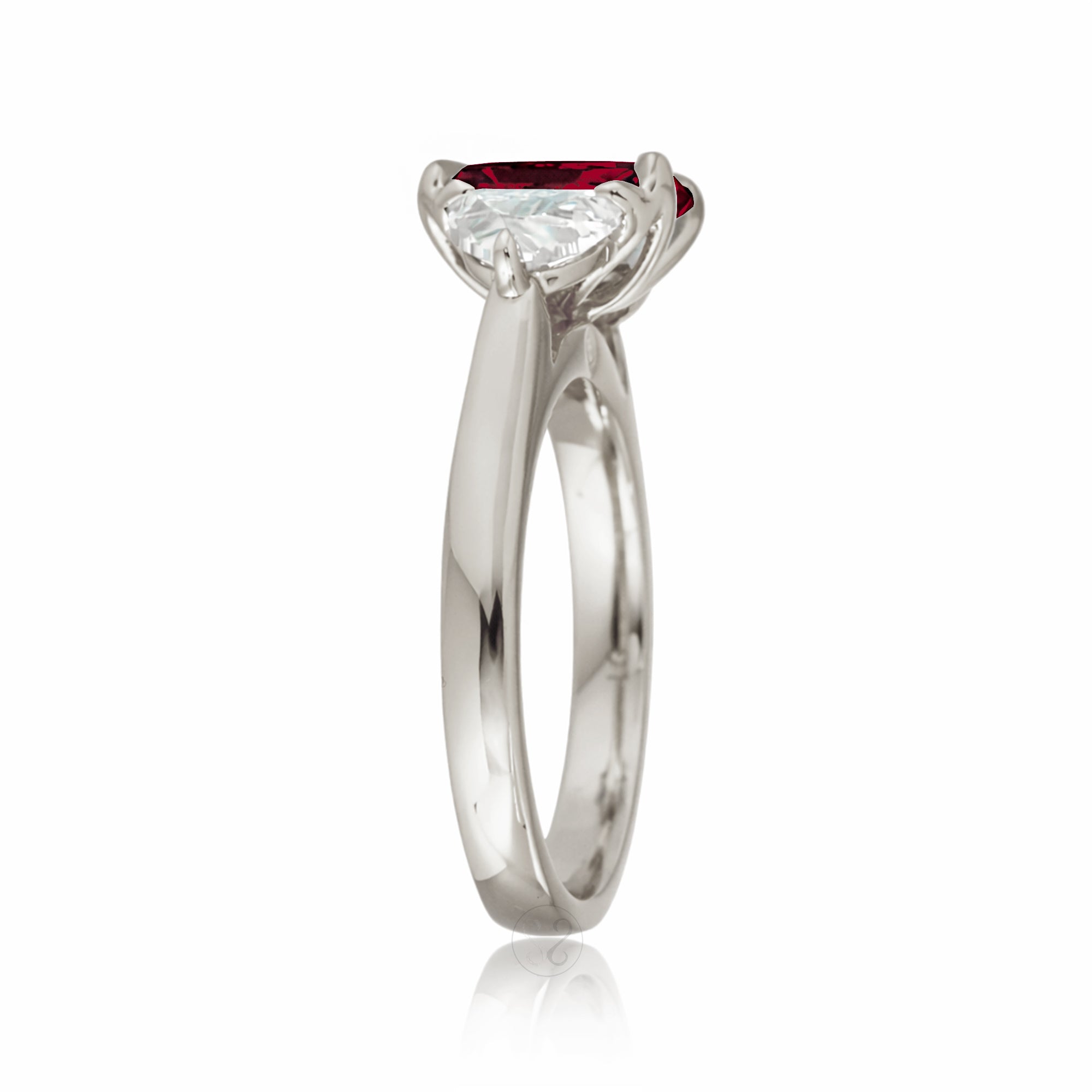 Past present future ruby half moon diamond engagement ring white gold