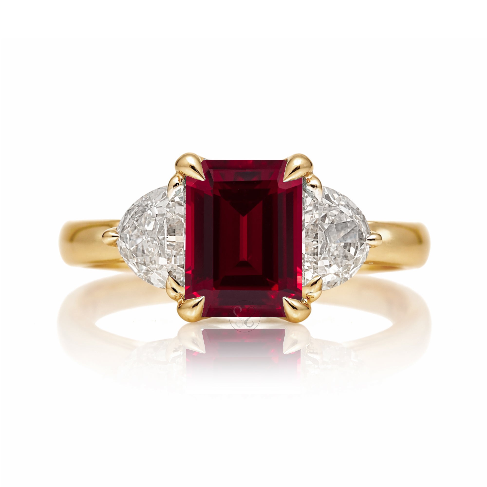 Past present future ruby half moon diamond engagement ring yellow gold
