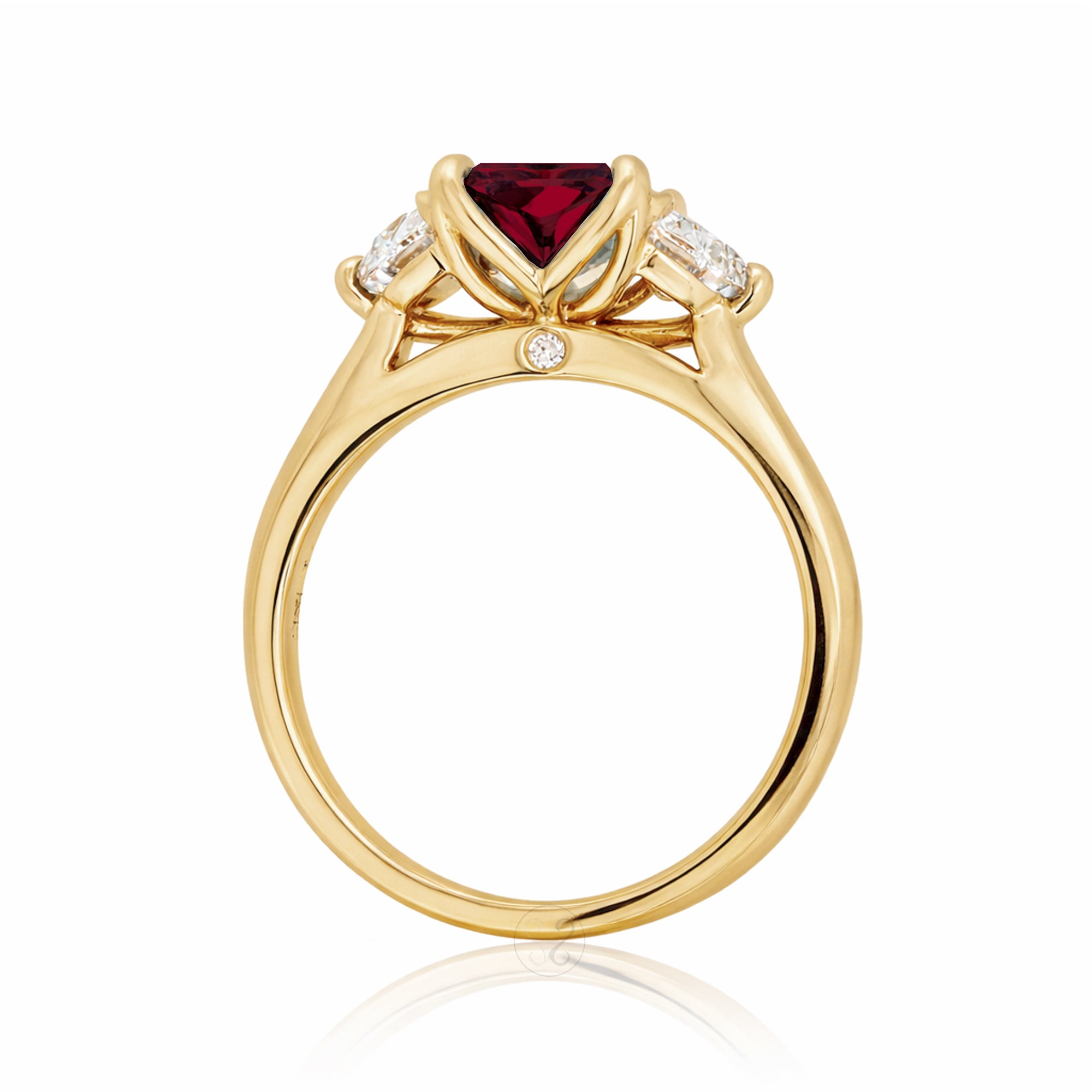 Past present future ruby half moon diamond engagement ring yellow gold