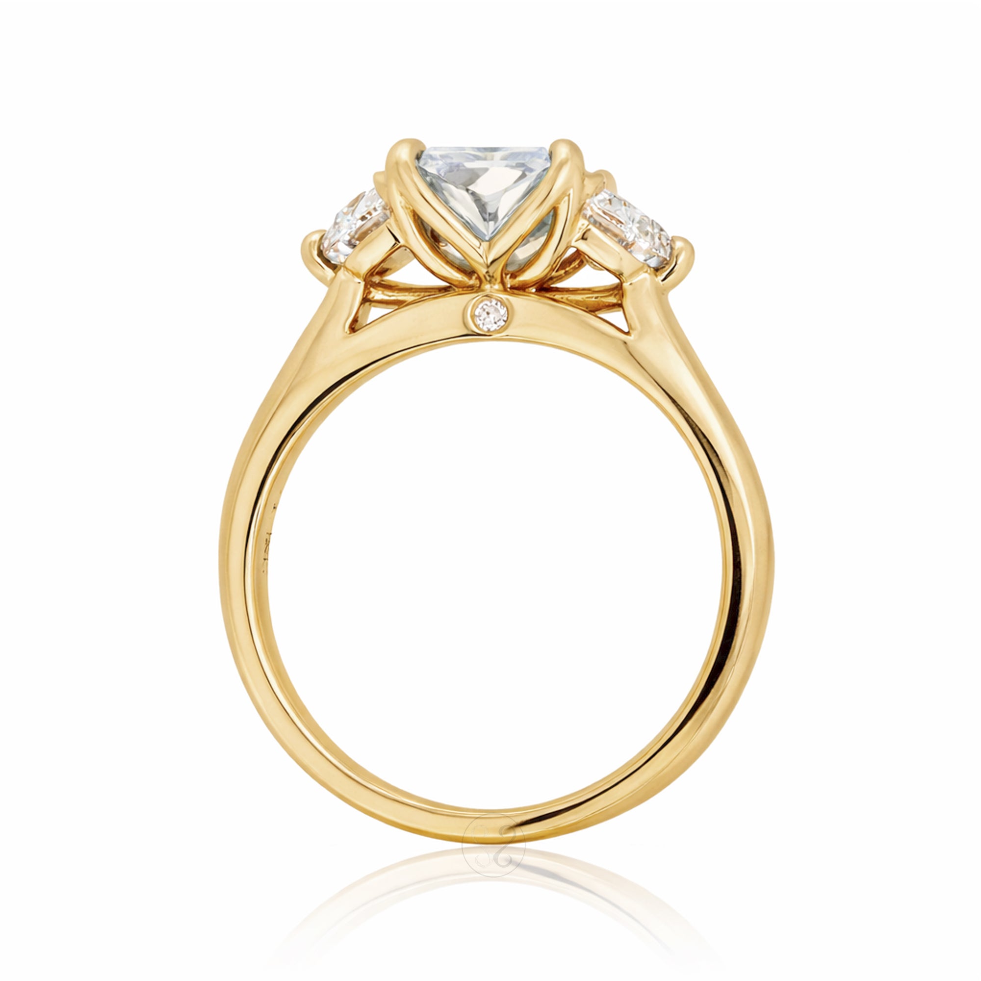 Past present future diamond half moon radiant cut engagement ring yellow gold