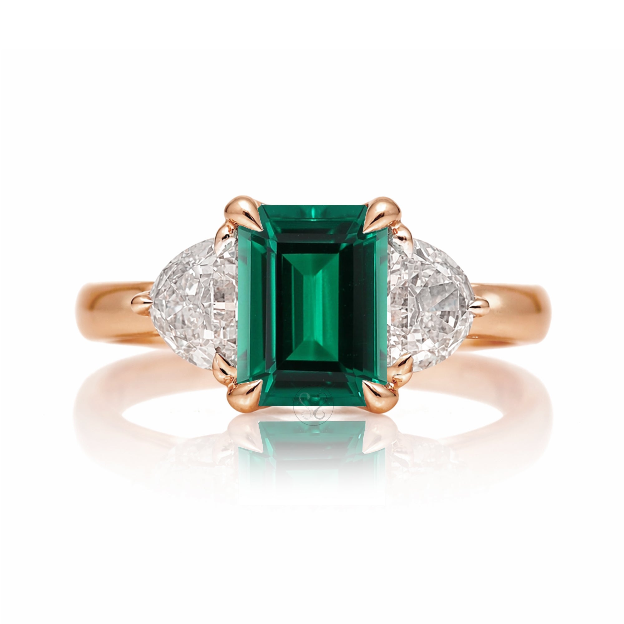 Past present future diamond half moon step cut green emerald engagement ring rose gold