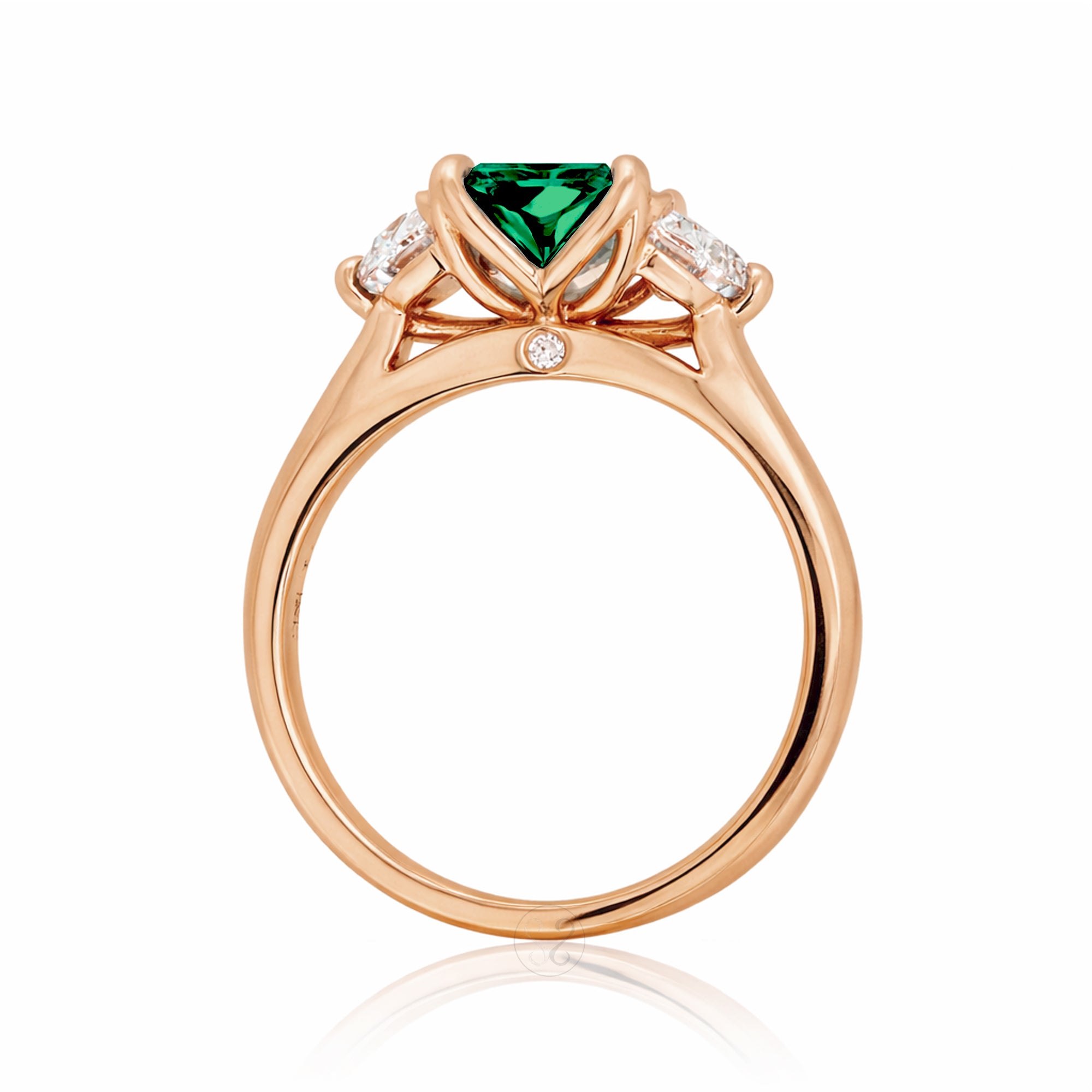 Past present future diamond half moon step cut green emerald engagement ring rose gold