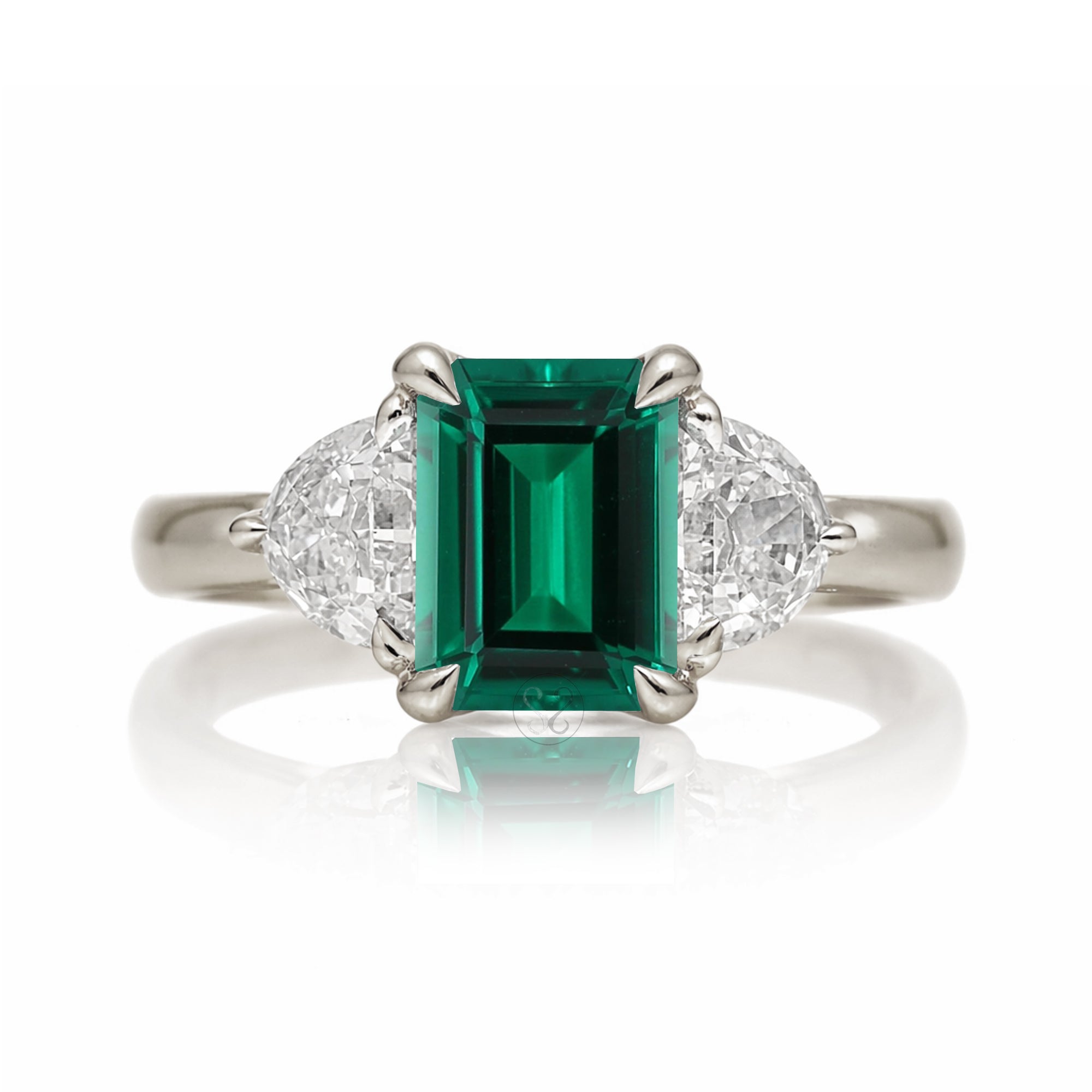 Past present future diamond half moon step cut green emerald engagement ring white gold
