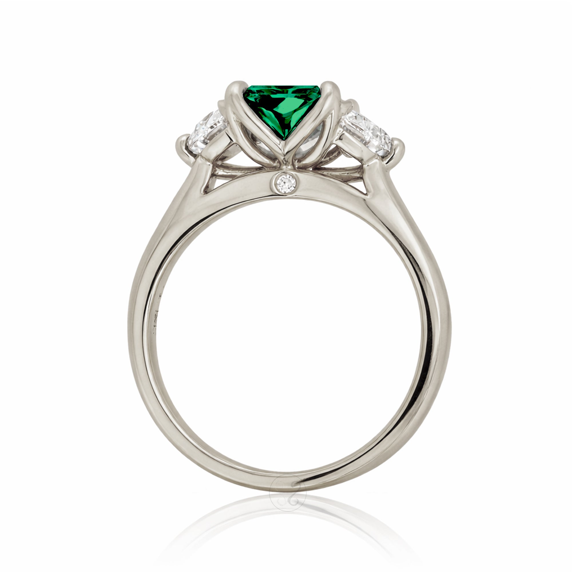 Past present future diamond half moon step cut green emerald engagement ring white gold