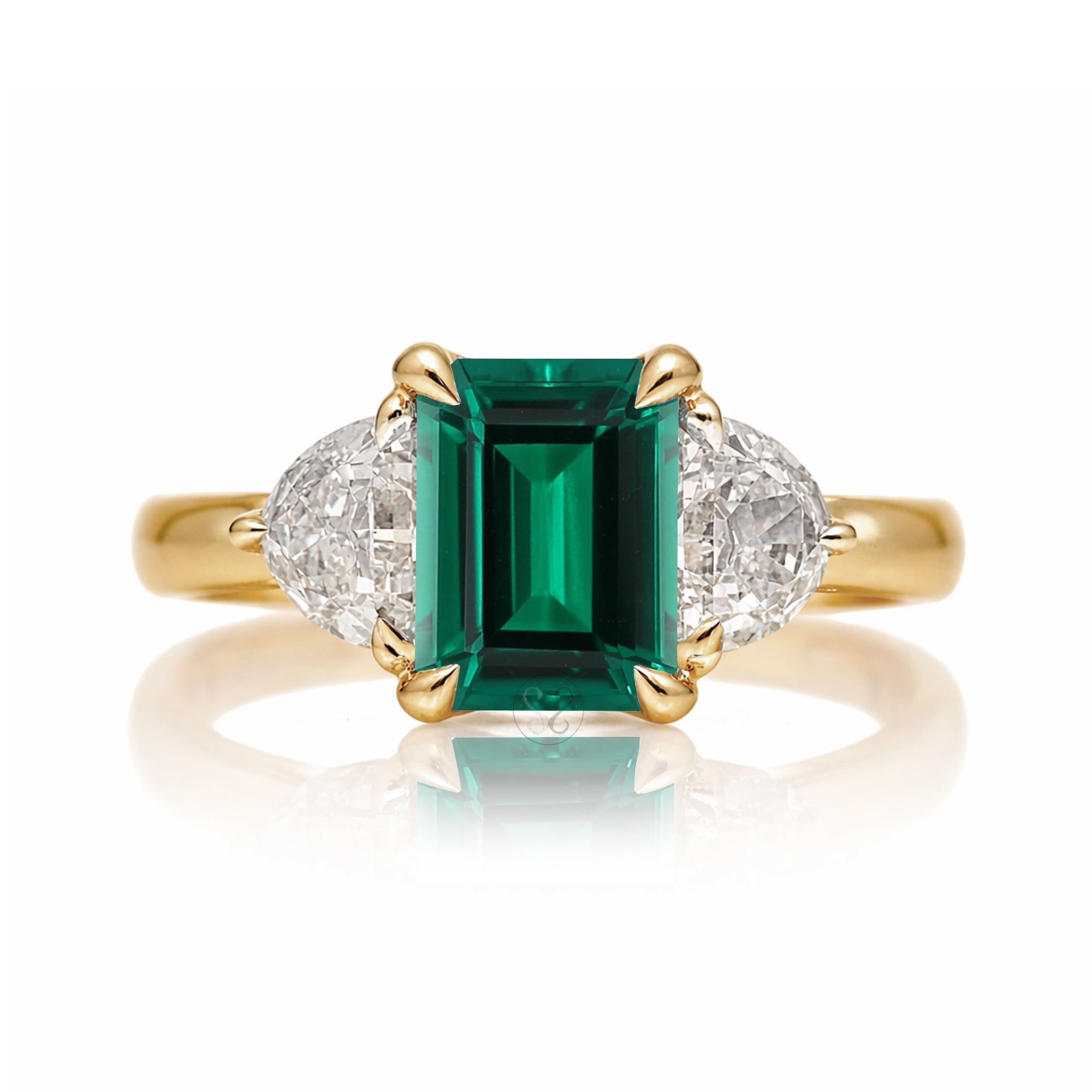 Past present future diamond half moon step cut green emerald engagement ring yellow gold
