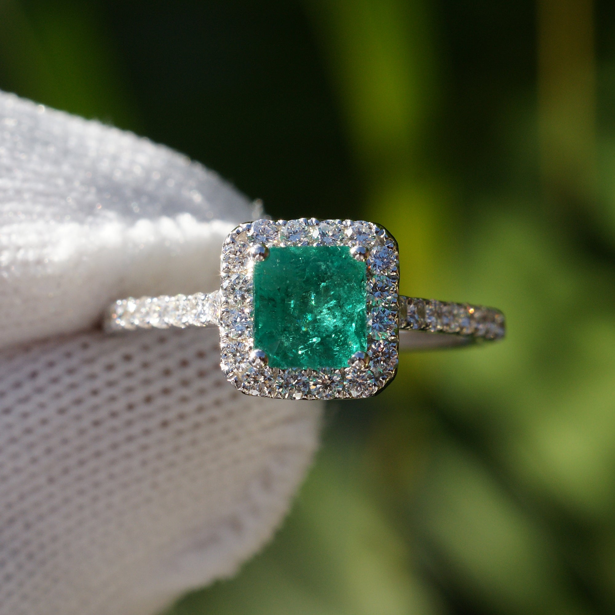 The Gwen Emerald diamond engagement ring in white gold