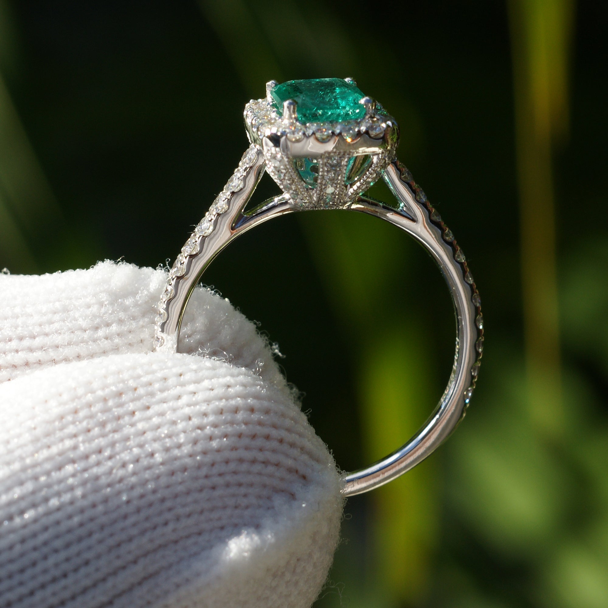 The Gwen Emerald diamond engagement ring in white gold