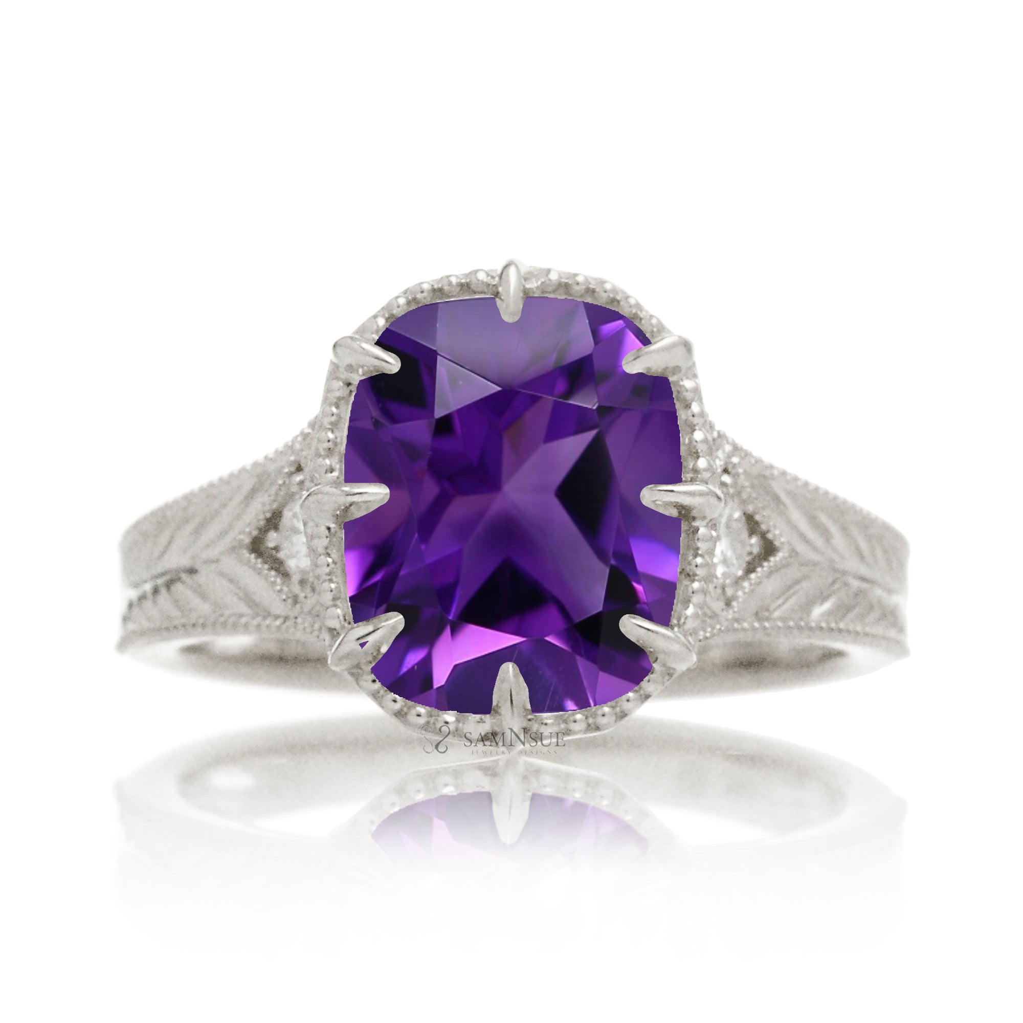 Cushion amethyst set in a vintage Taylor Swift inspired white gold ring